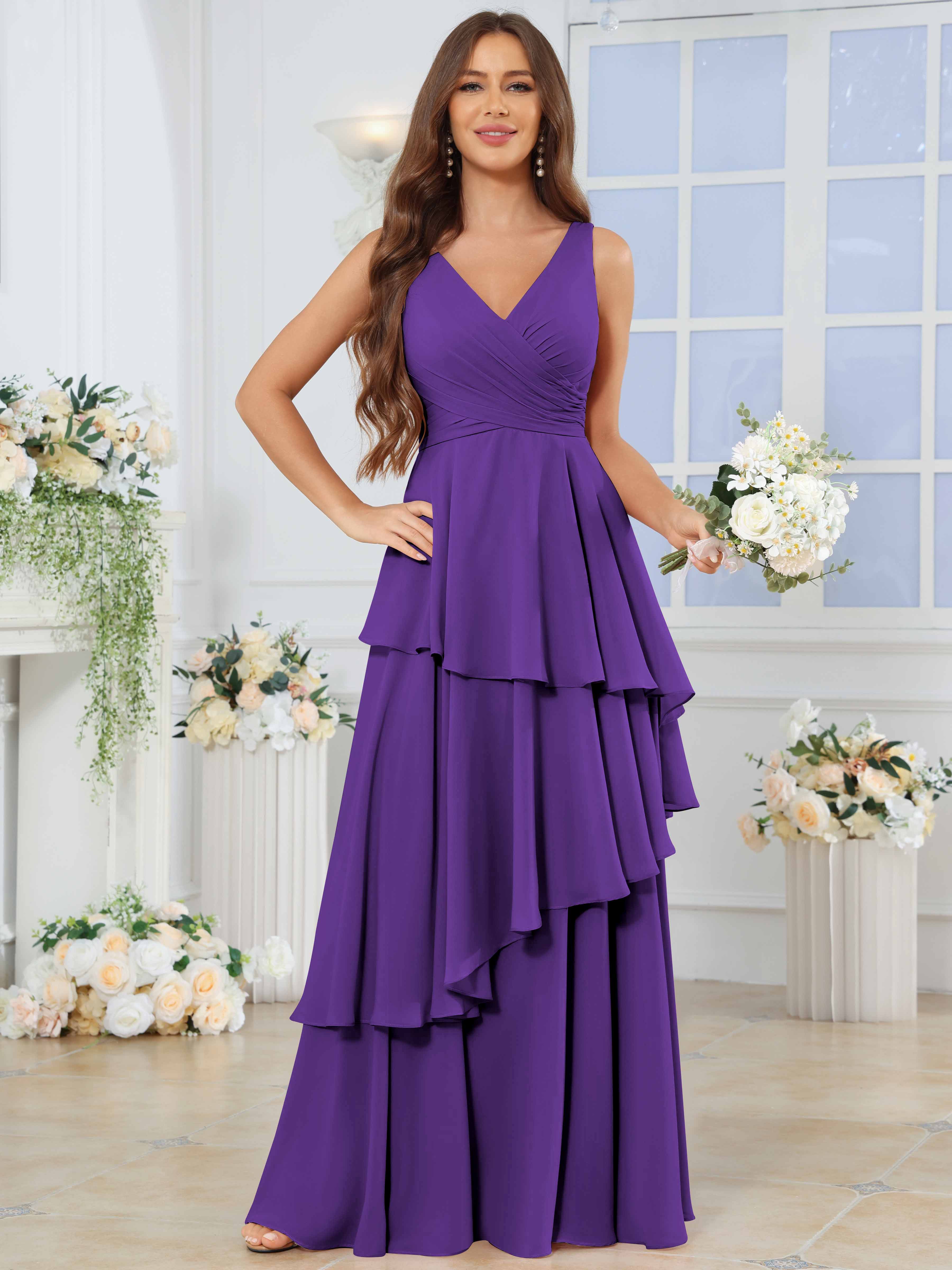 ROVDESY Long Sleeveless V-Neck Tiered Pleated Chiffon Bridesmaid Dress