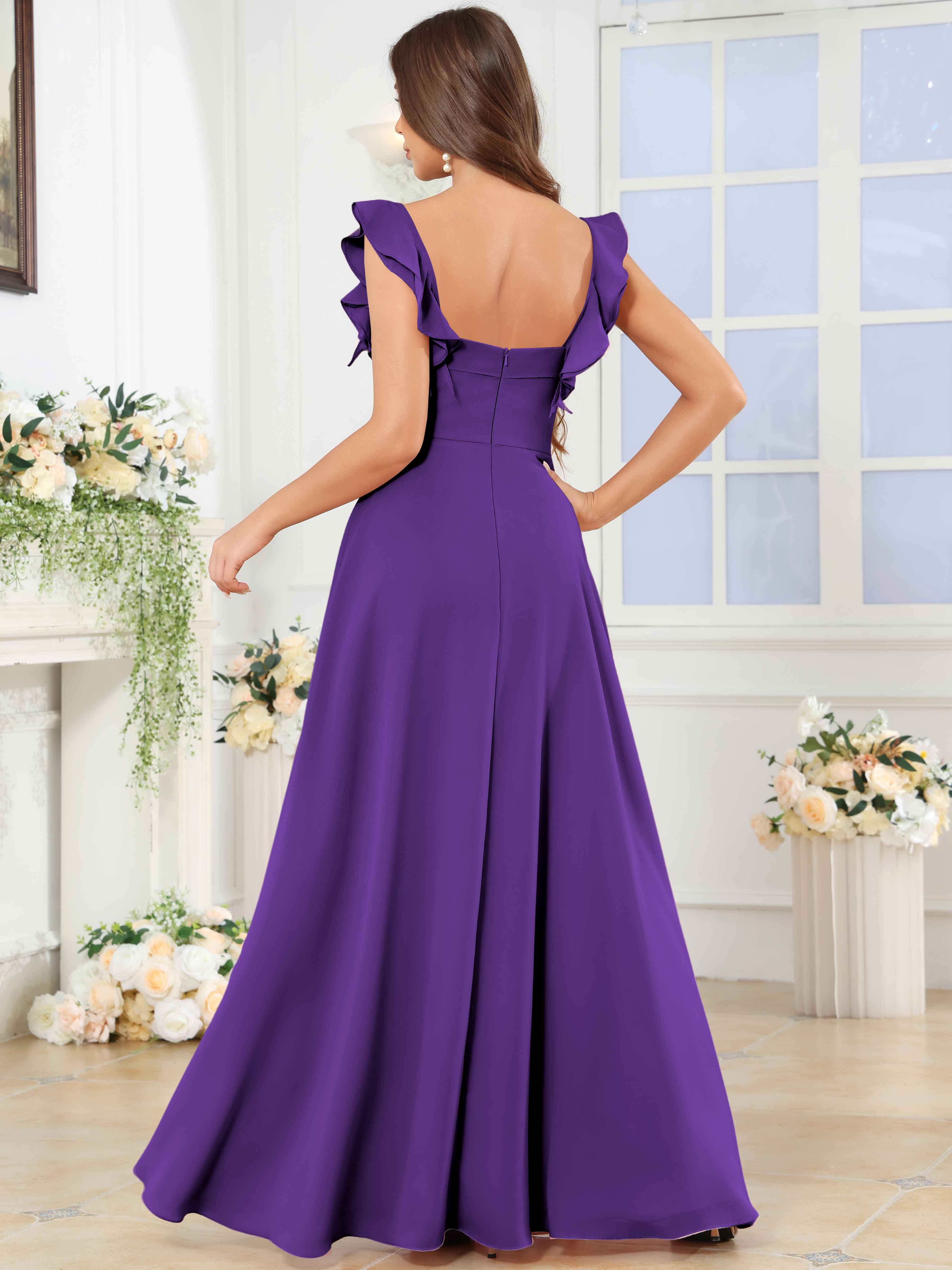 ROVDESY Square Neck Ruffle Chffion Bridesmaid Dress With Slit