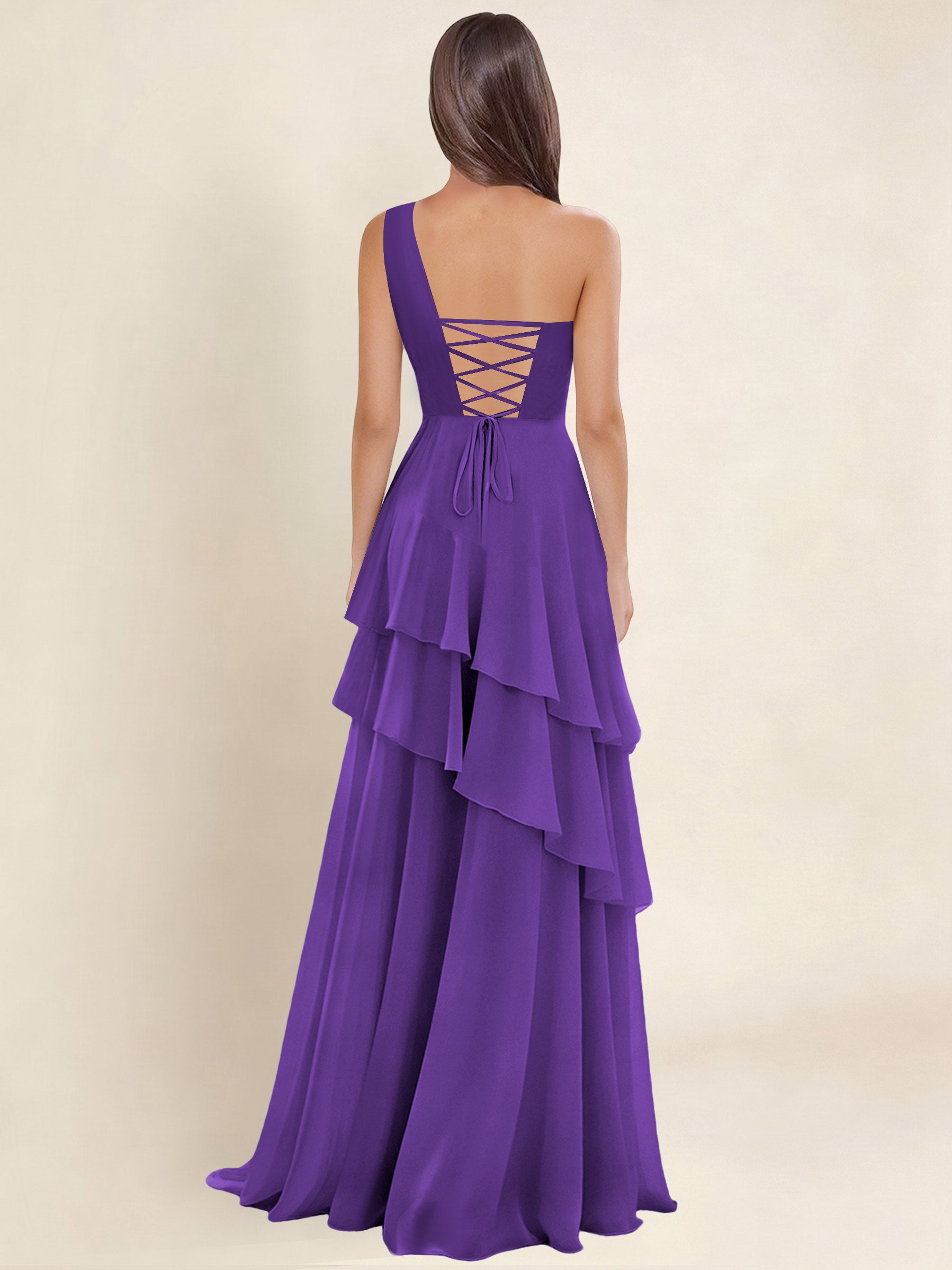 ROVDESY A-Line One Shoulder Pleated Tiered Chiffon Bridesmaid Dress