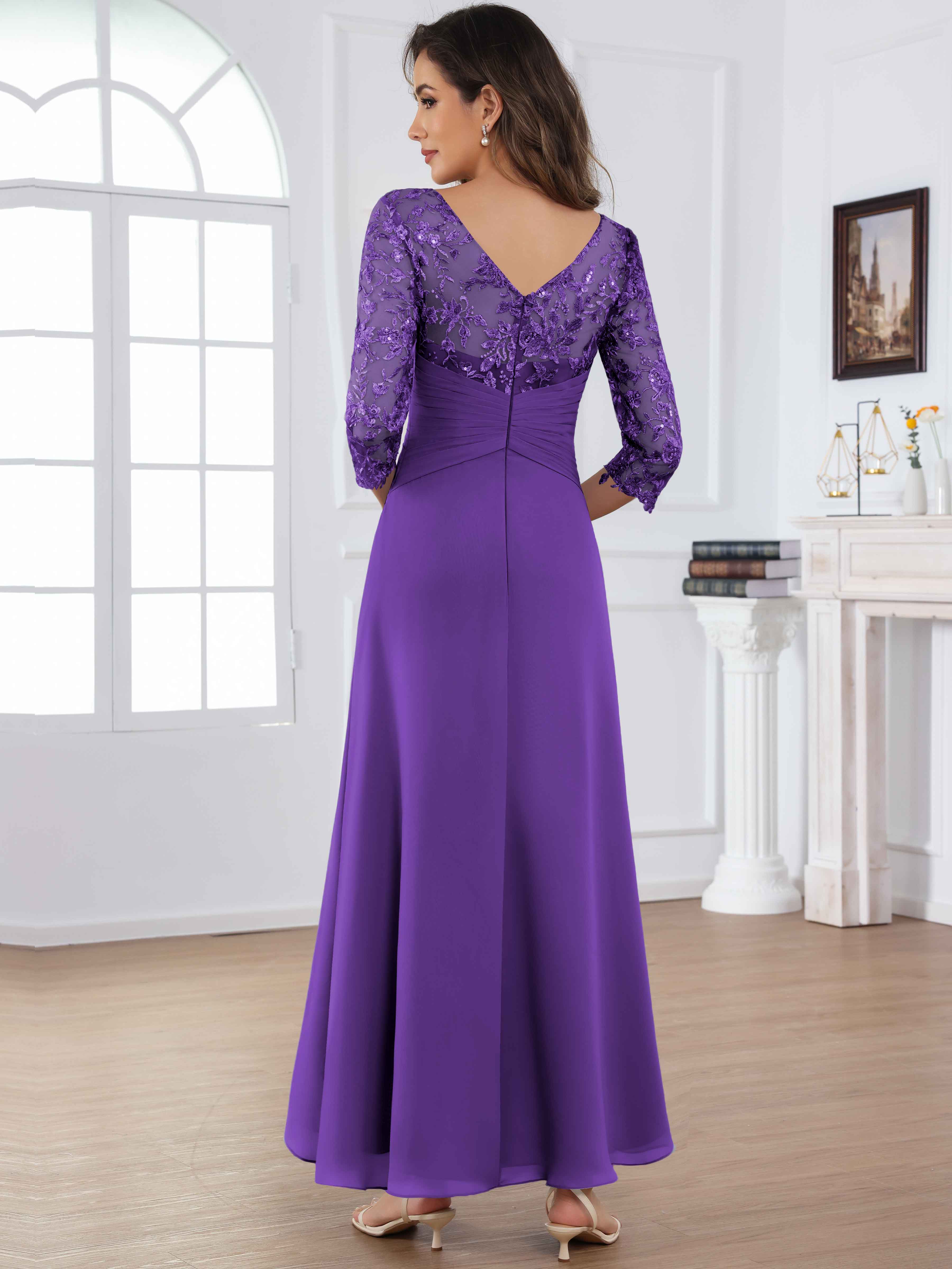 ROVDESY Tea Length Lace Chiffon Mother of The Bride Dress with 3/4 Sleeves