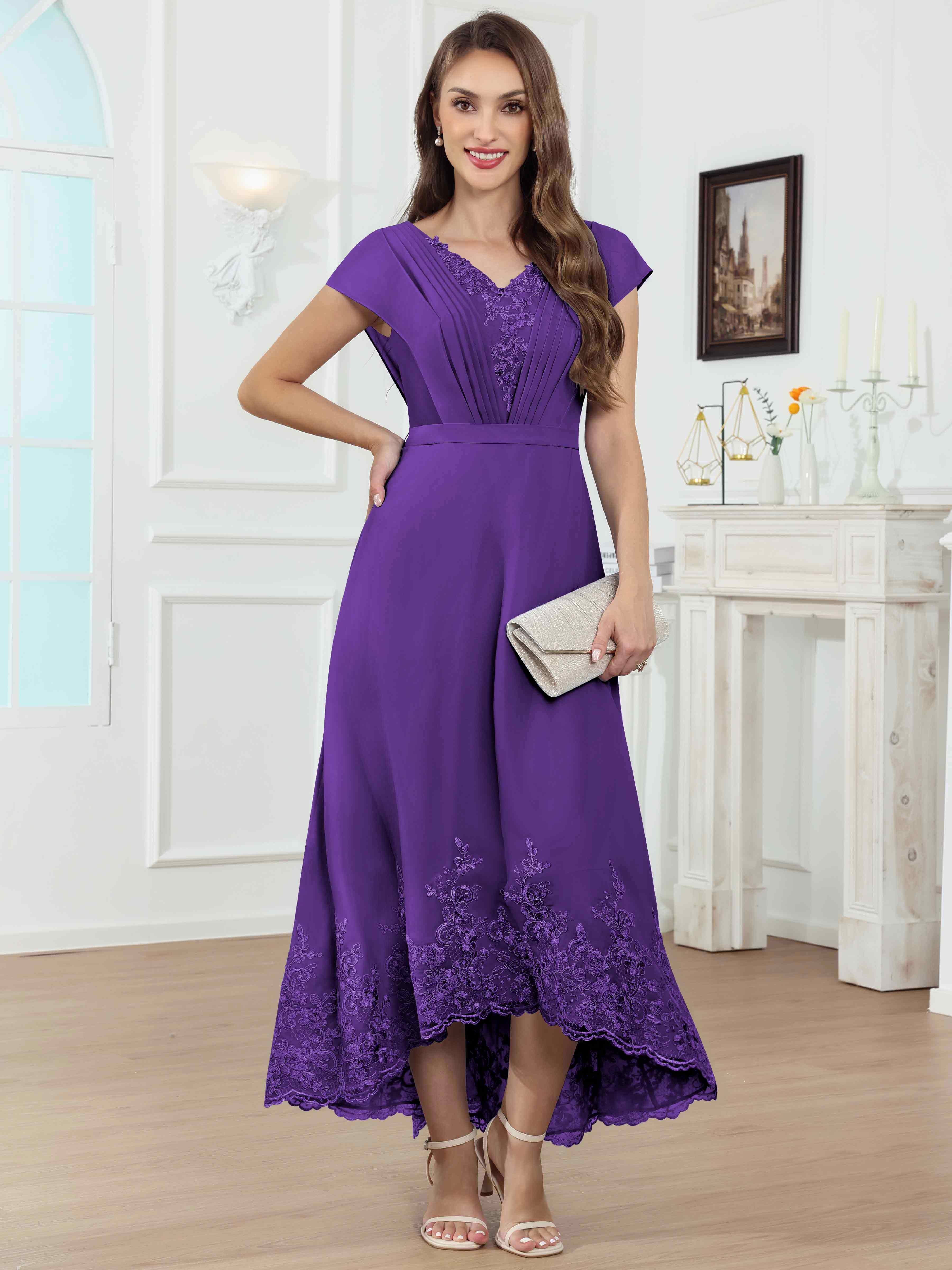 ROVDESY Tea Length High-Low V-Neck Ruched Lace Chiffon Mother of The Bride Dress for Women