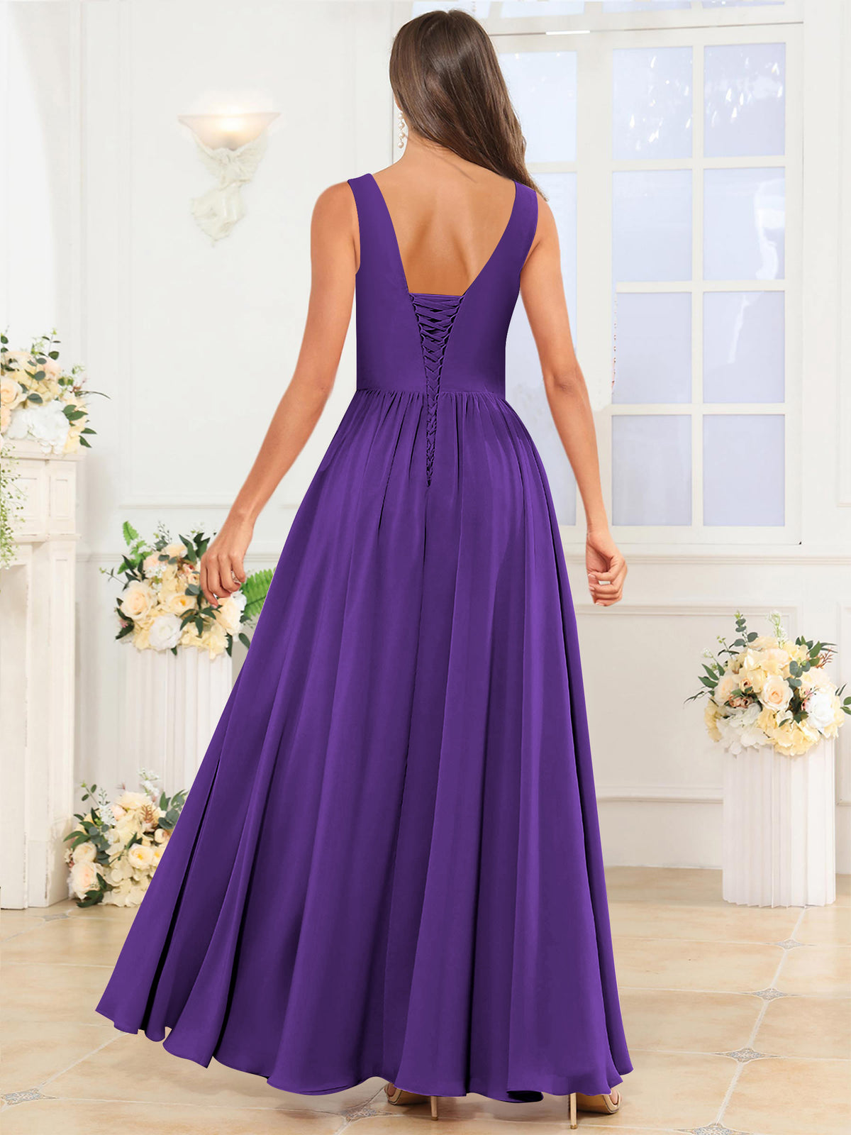 V Neck Chiffon A Line Bridesmaid Dress with Slit