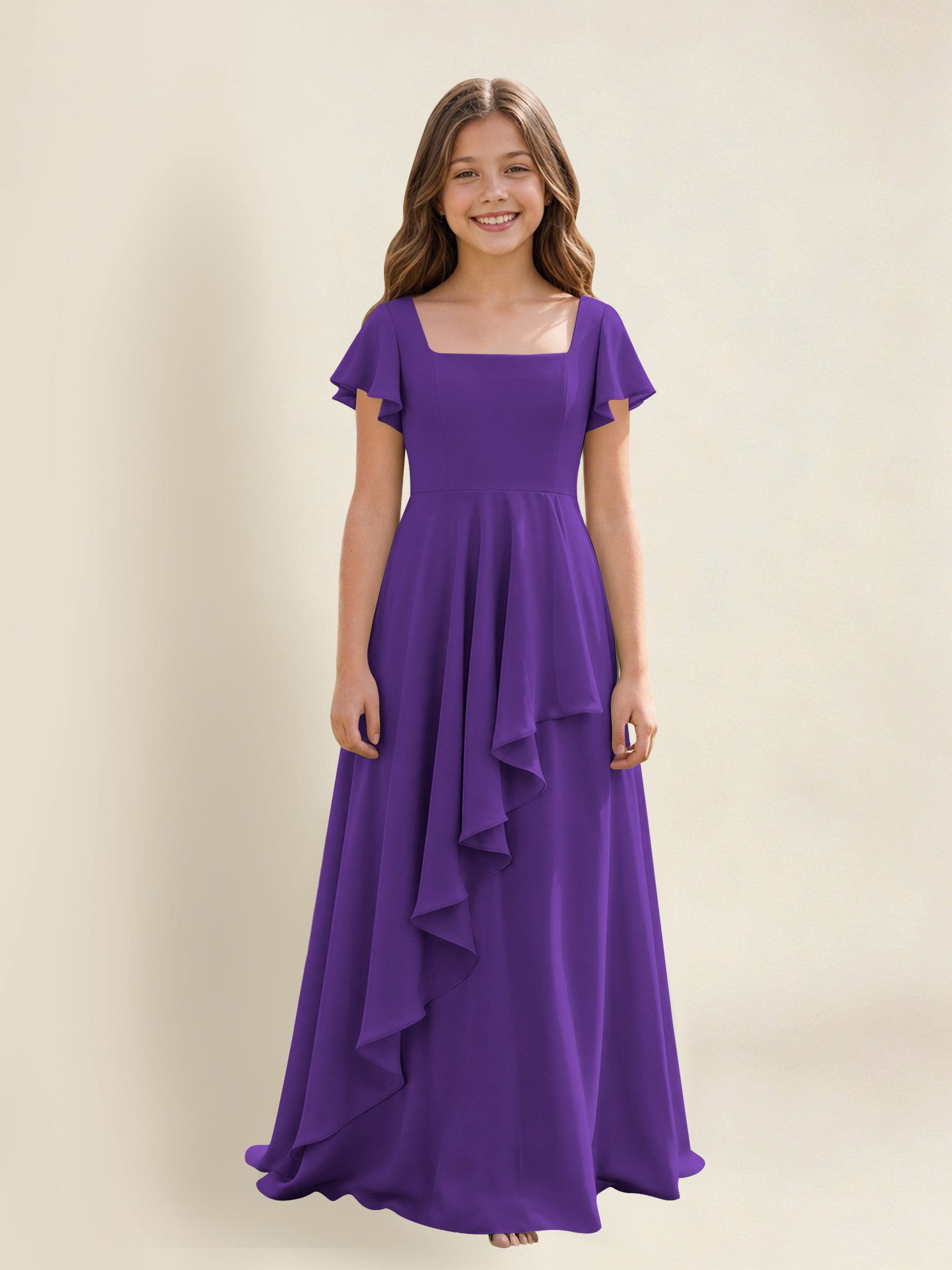 ROVDESY A-Line Square Neck Ruffle Chiffon Junior Bridesmaid Dress With Short Sleeves