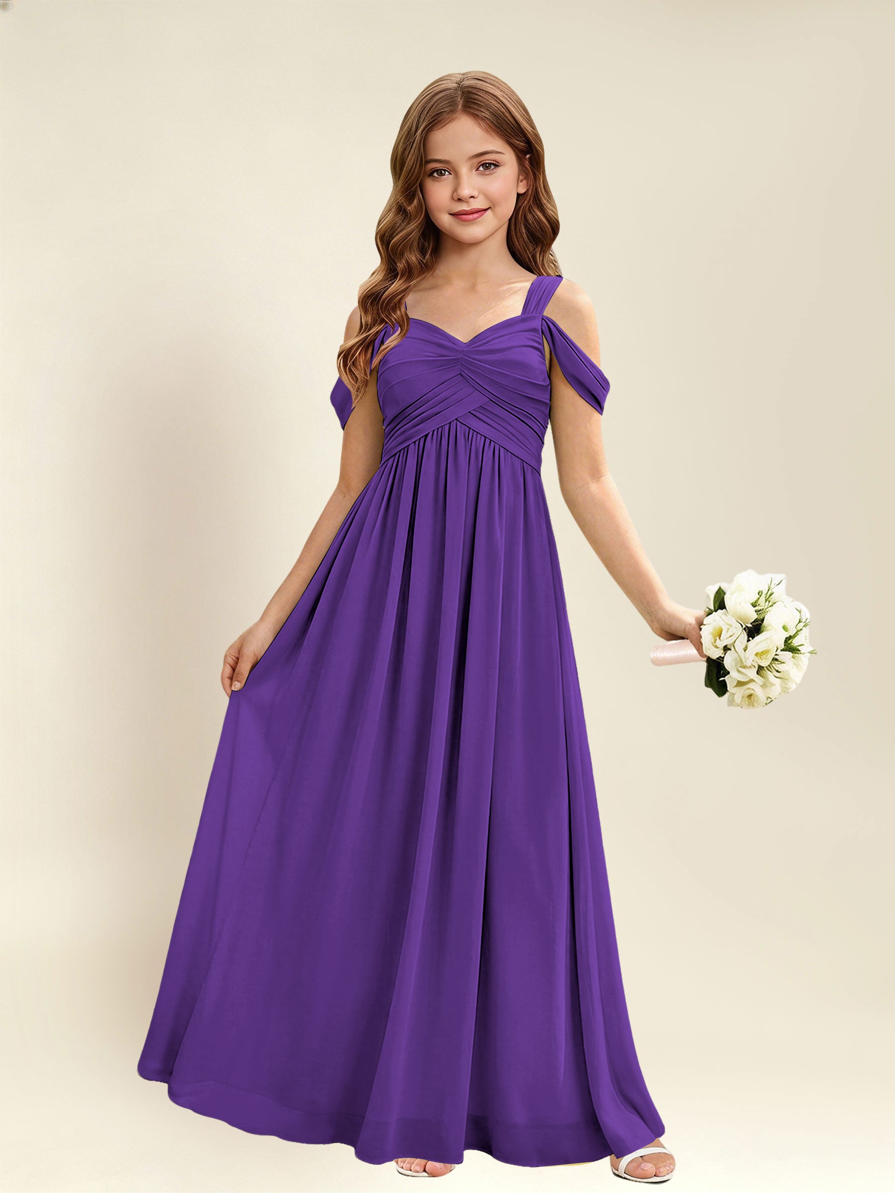 ROVDESY A-Line Off The Shoulder Pleated Chiffon Junior Bridesmaid Dress
