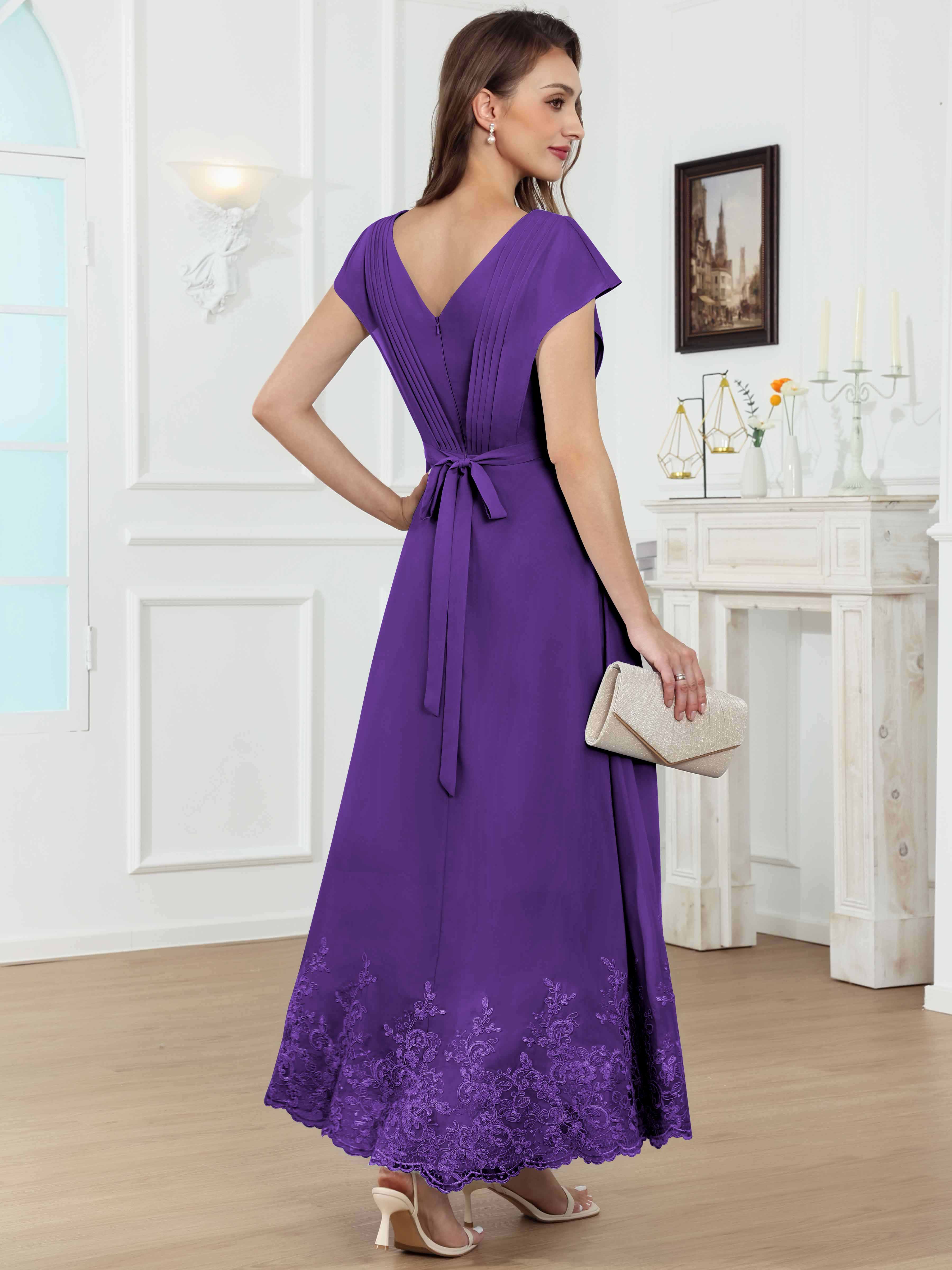 ROVDESY Tea Length High-Low V-Neck Ruched Lace Chiffon Mother of The Bride Dress for Women