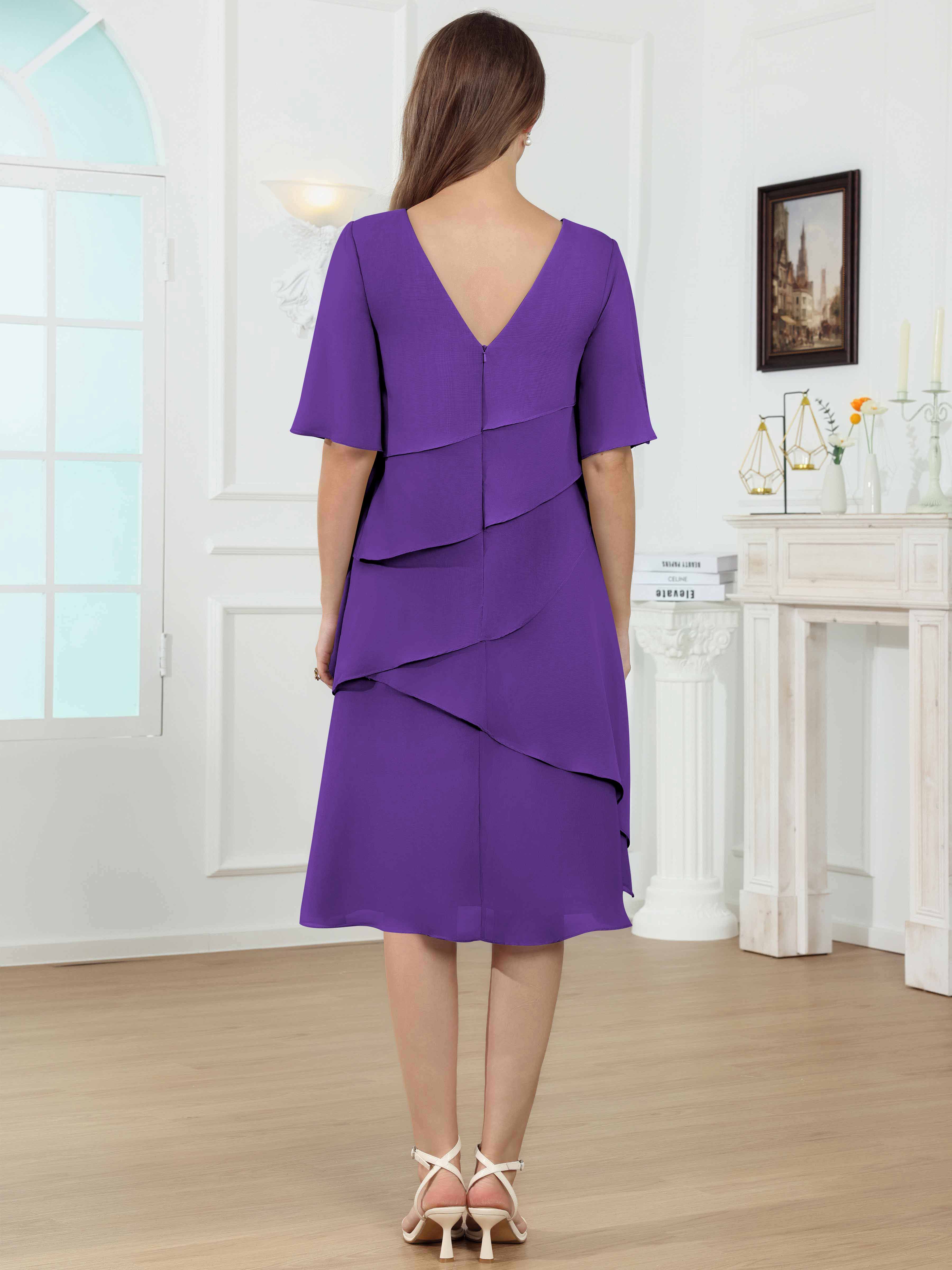 ROVDESY Knee Length Tiered Ruffle Chiffon Mother Of The Bride Dress With Half Sleeves