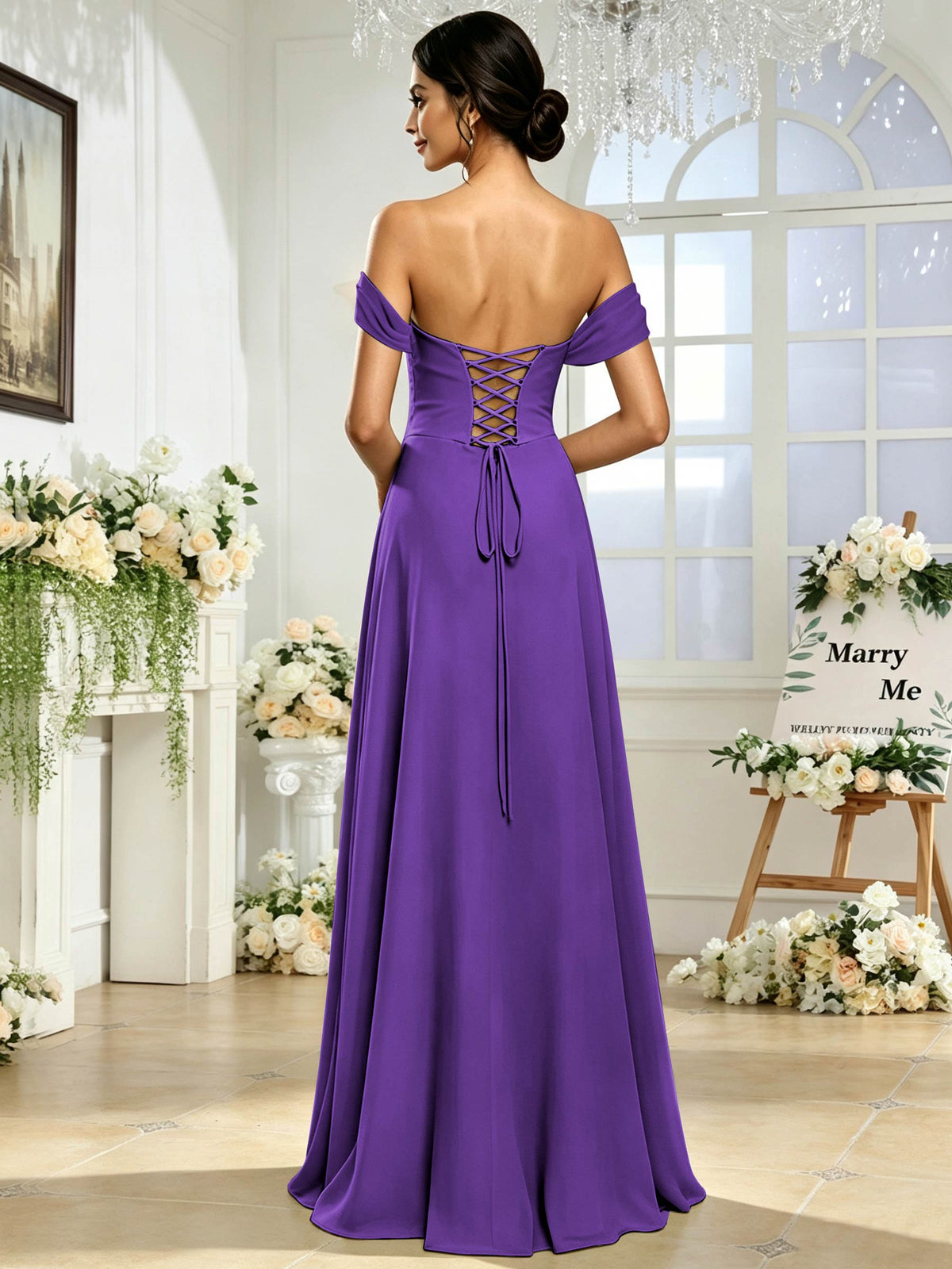 Off the Shoulder Chiffon A Line Long Bridesmaid Dress with Slit