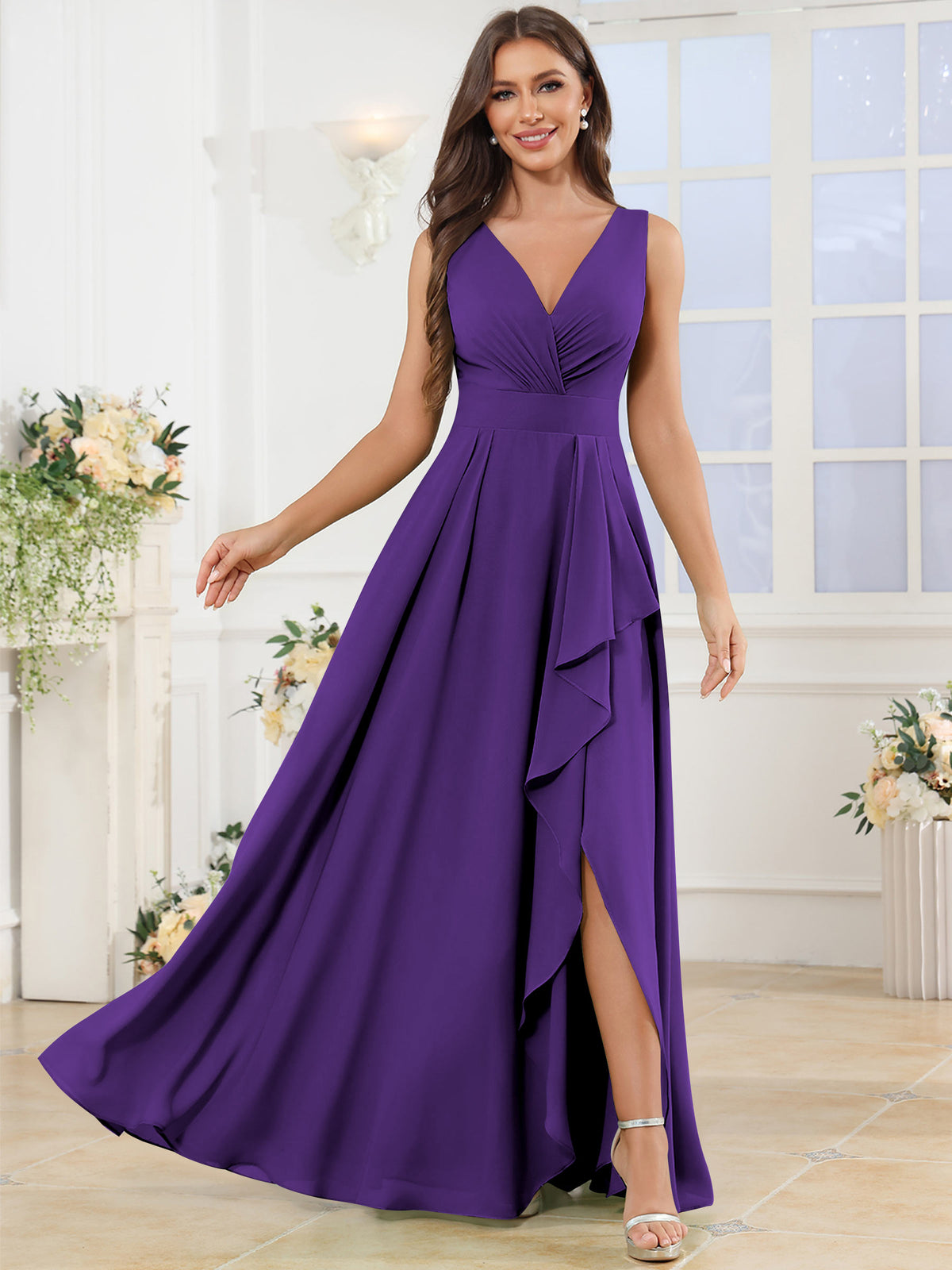 V Neck Chiffon A Line Ruffle Bridesmaid Dress with Slit