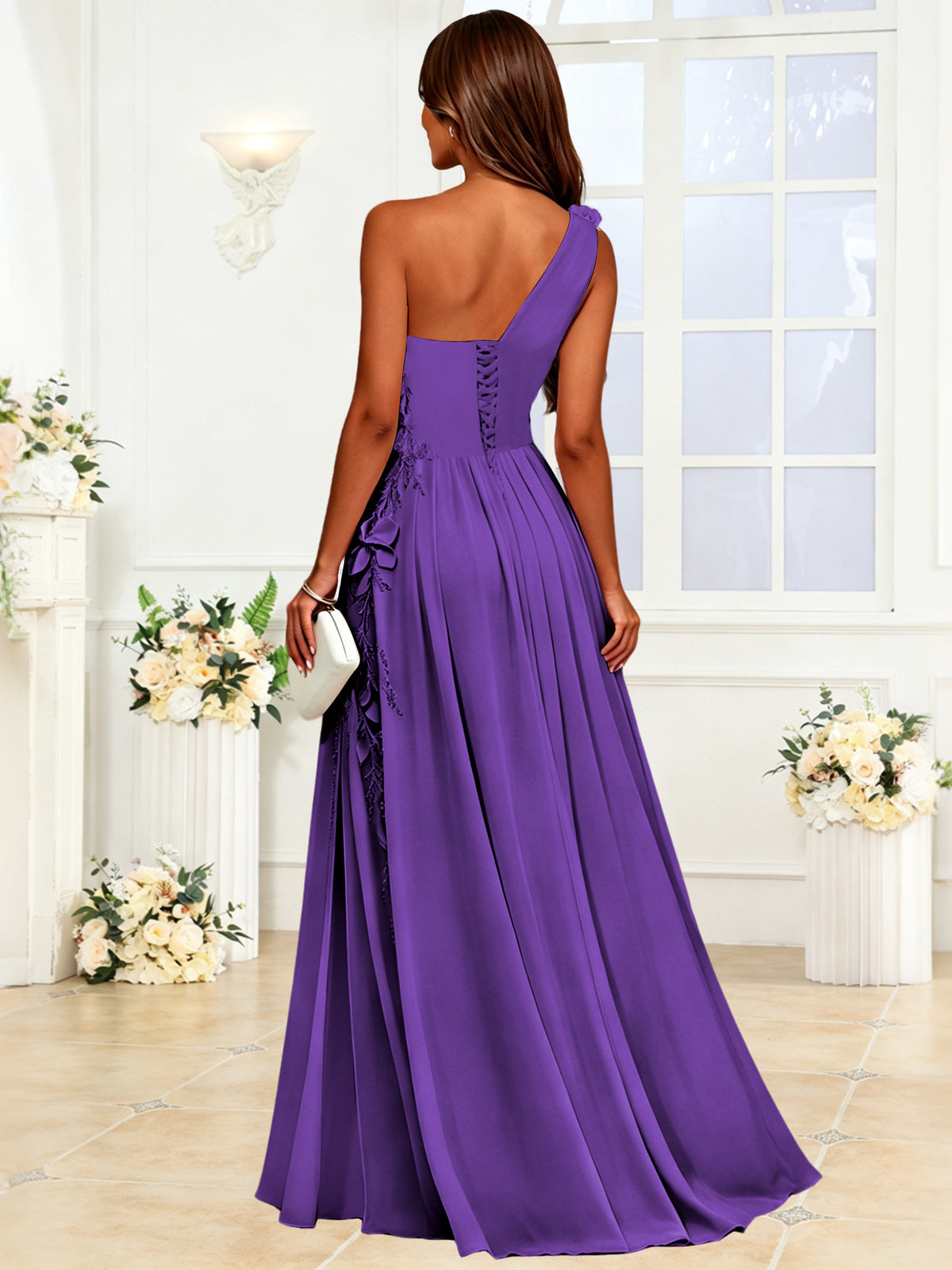 One Shoulder 3D Flower Chiffon Bridesmaid Dress with Slit