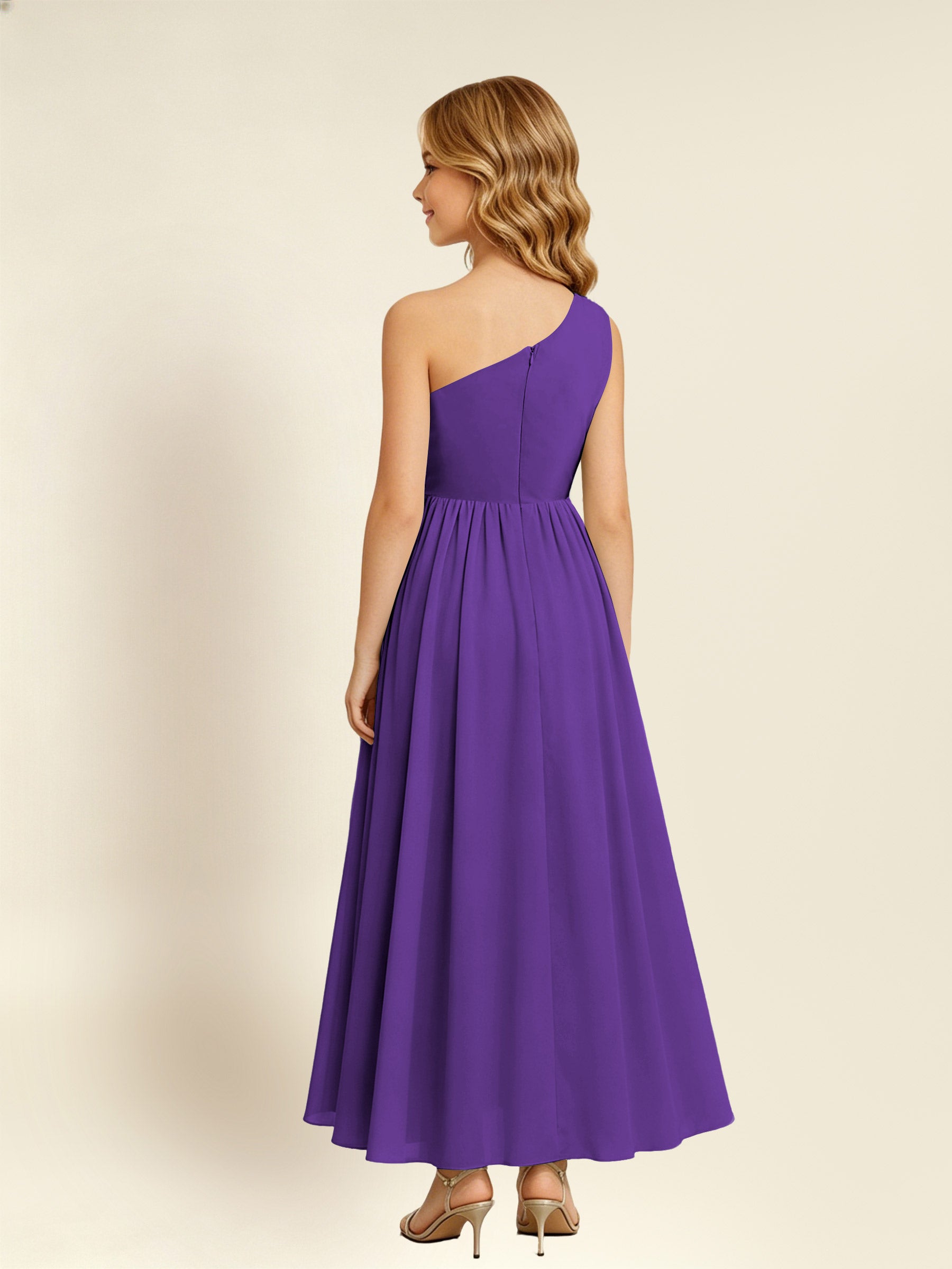 ROVDESY One Shoulder Twist Waist Chiffon Junior Bridesmaid Maxi Dress