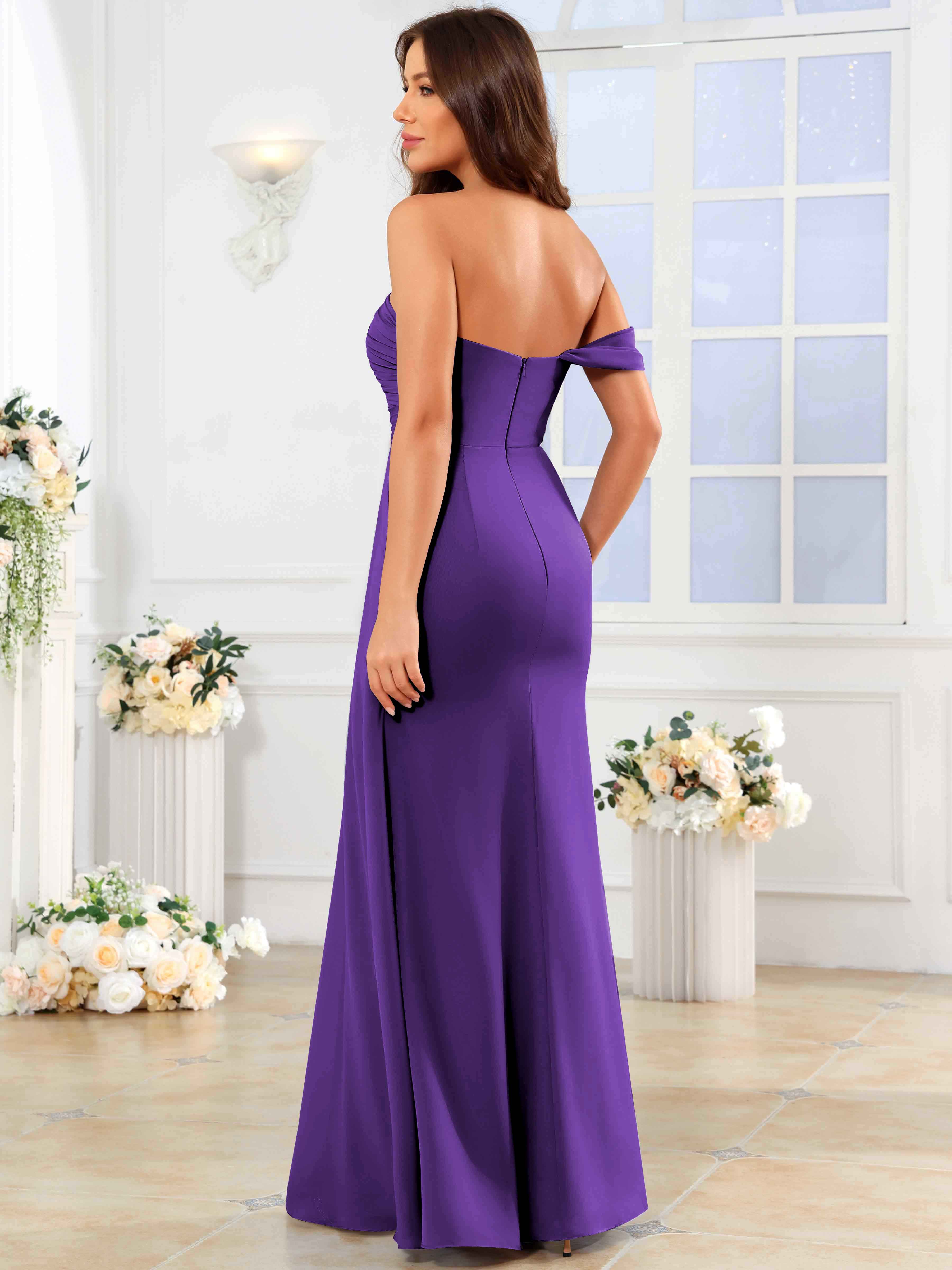 ROVDESY One Shoulder Off The Shoulder Pleated Chiffon Bridesmaid Dress