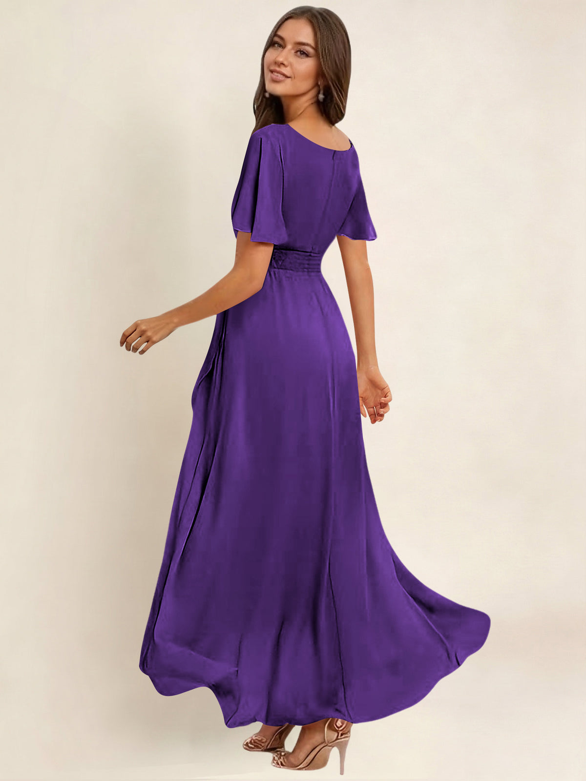 ROVDESY A-Line High Low Round Neck Pleated Ruffle Chiffon Bridesmaid Dress With Short Sleeves