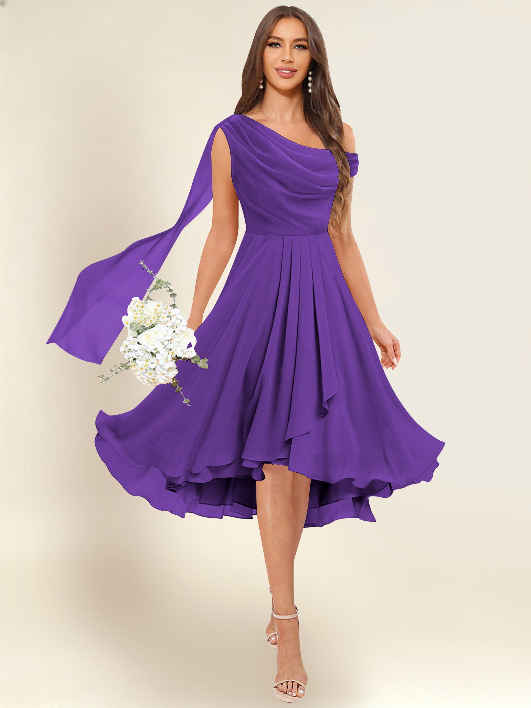ROVDESY A-Line One Shoulder Pleated Chiffon Bridesmaid Dress With Flowing Sash