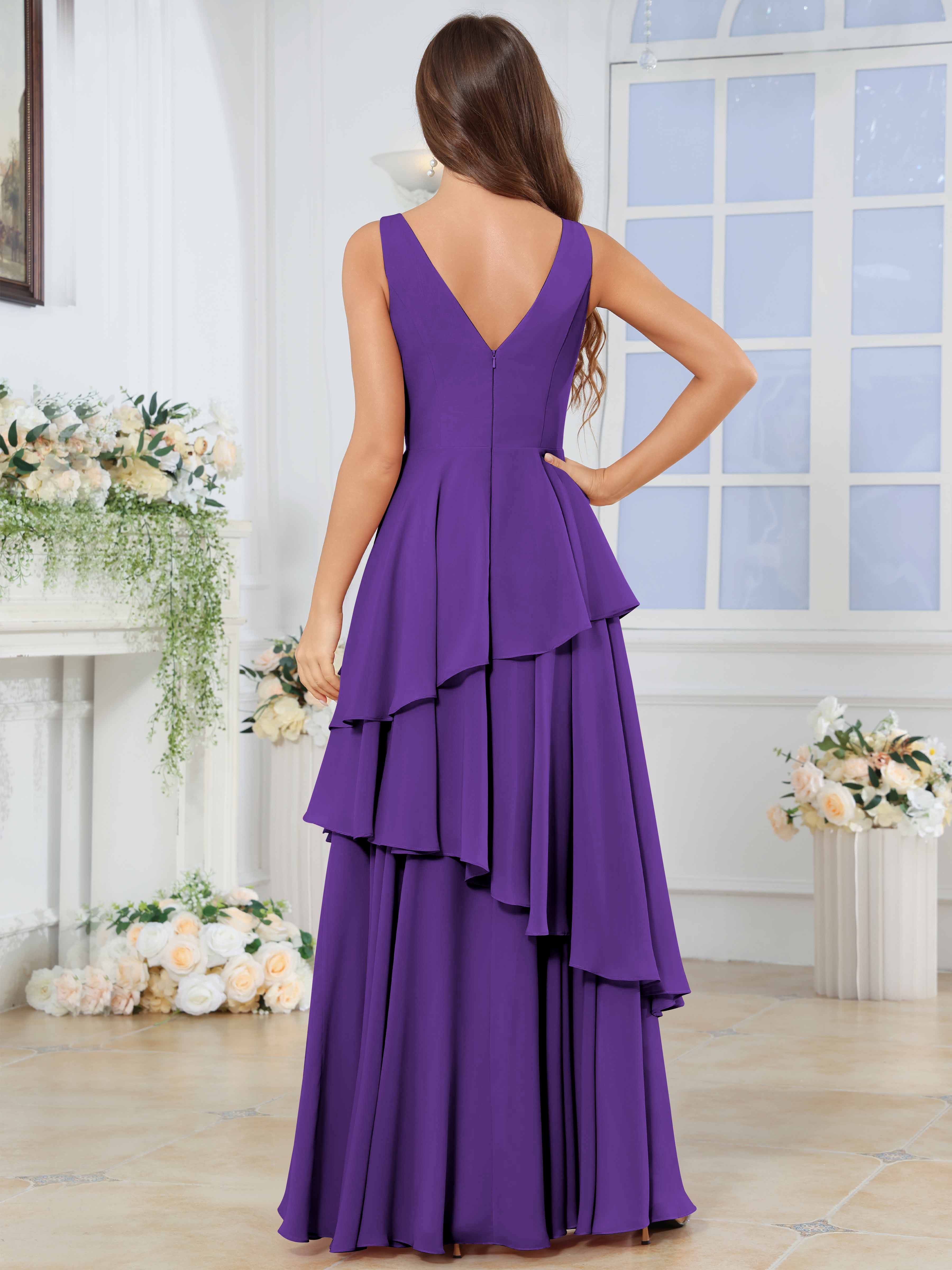 ROVDESY Long Sleeveless V-Neck Tiered Pleated Chiffon Bridesmaid Dress