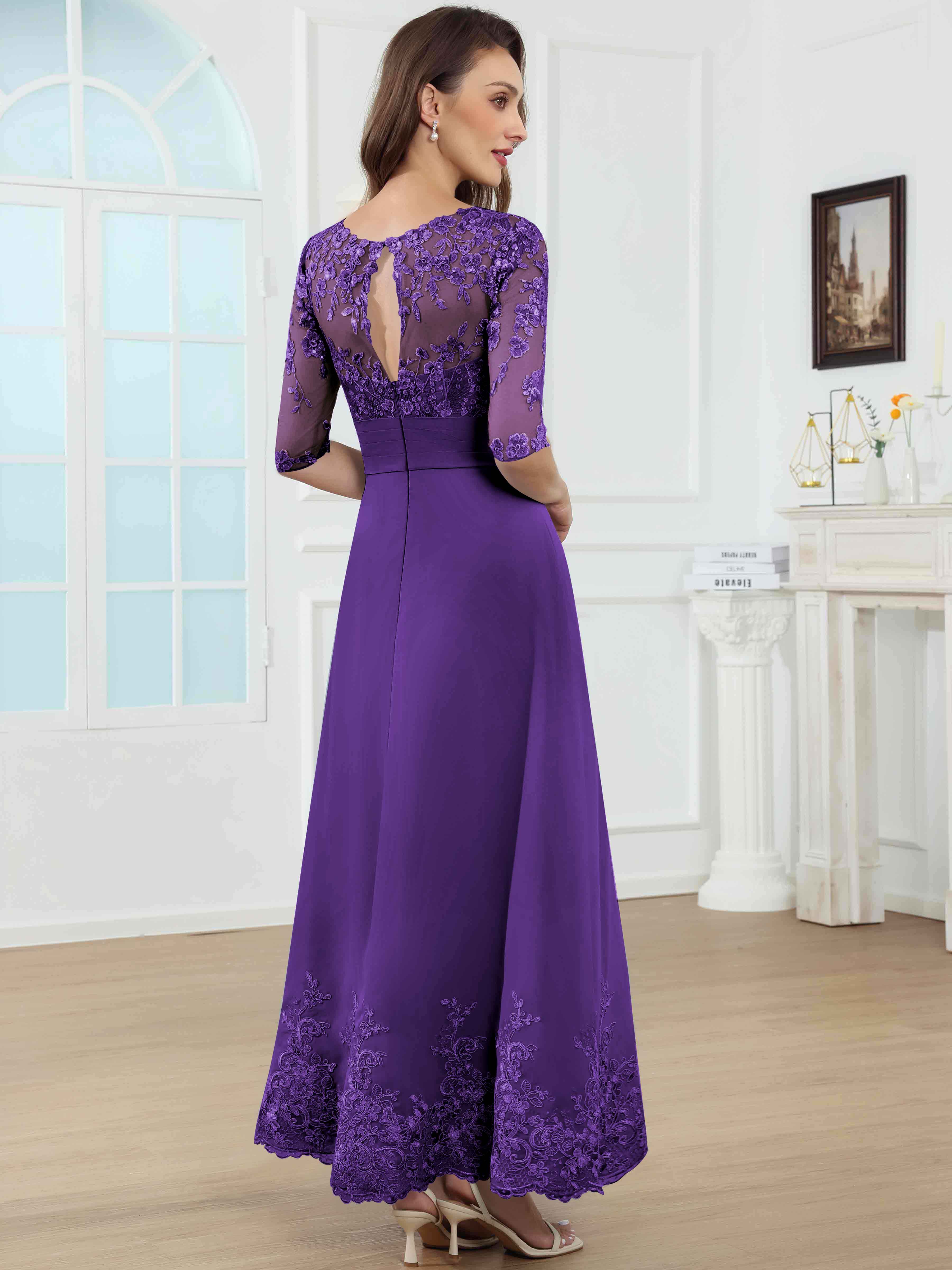 ROVDESY A-Line Lace Sequin Pleated Chiffon Mother Of The Bride Dress With Half Sleeves