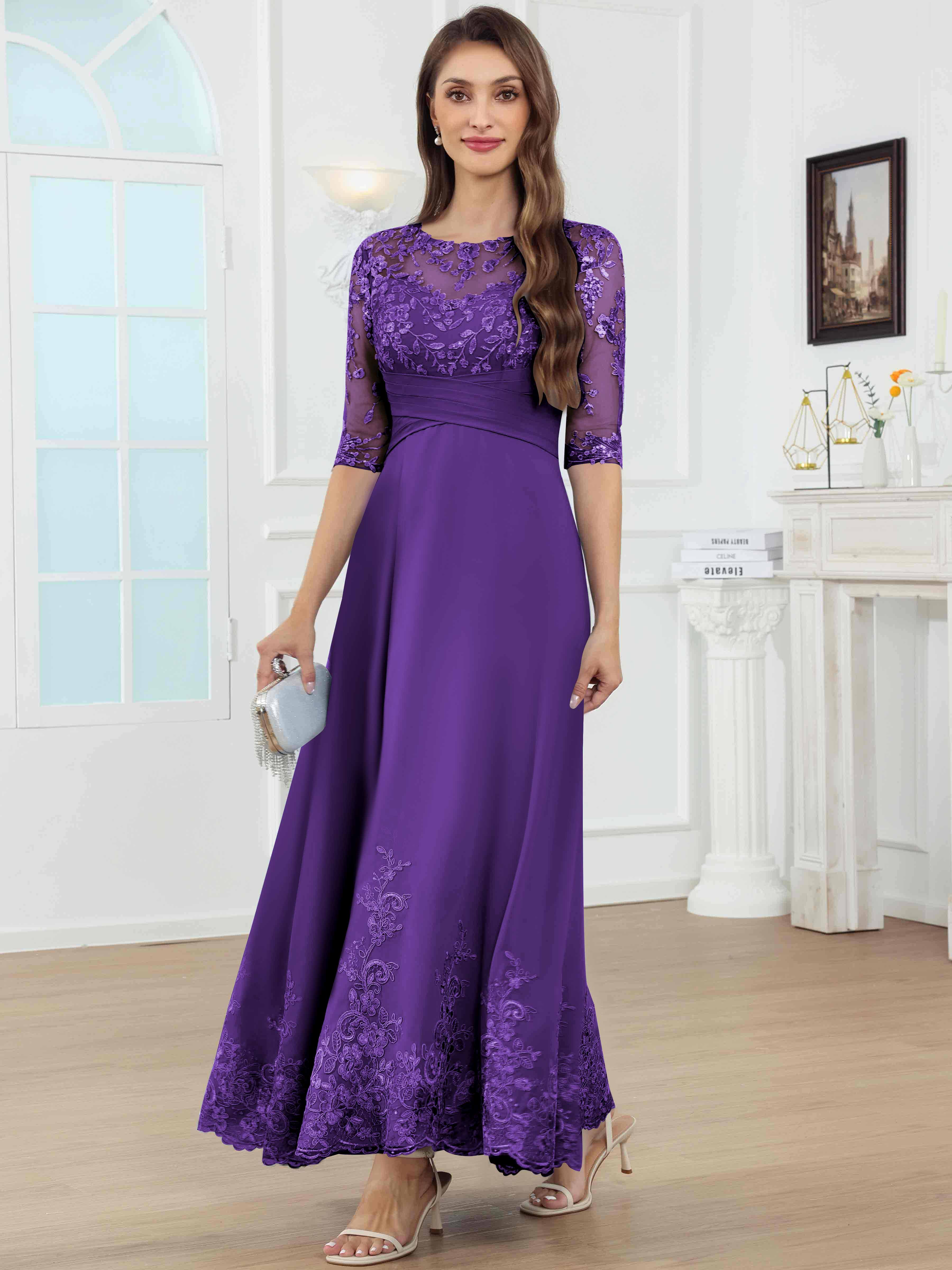 ROVDESY A-Line Lace Sequin Pleated Chiffon Mother Of The Bride Dress With Half Sleeves