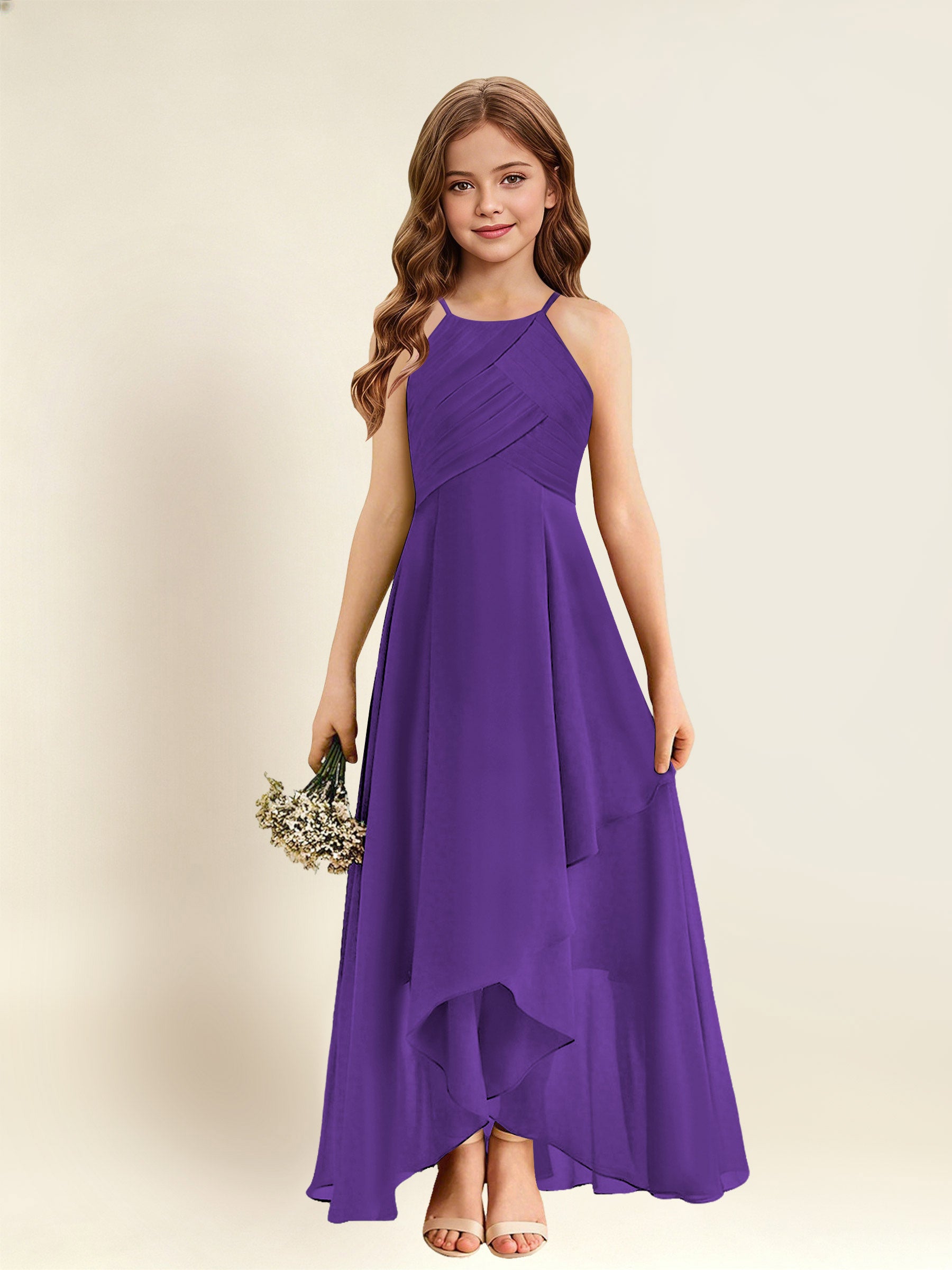 ROVDESY A-Line Halter Pleated Chiffon Junior Bridesmaid Dress