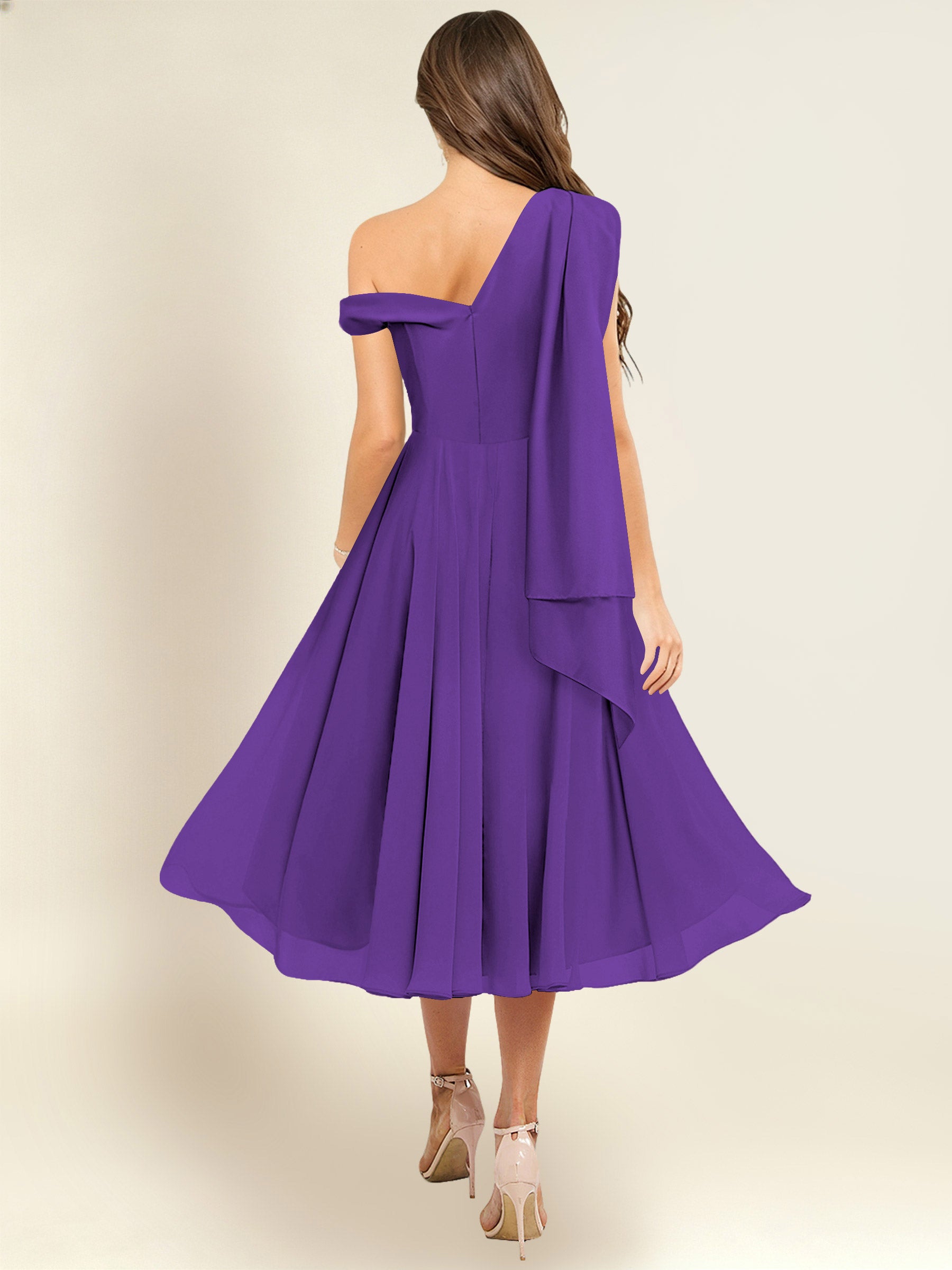 ROVDESY A-Line One Shoulder Pleated Chiffon Bridesmaid Dress With Flowing Sash