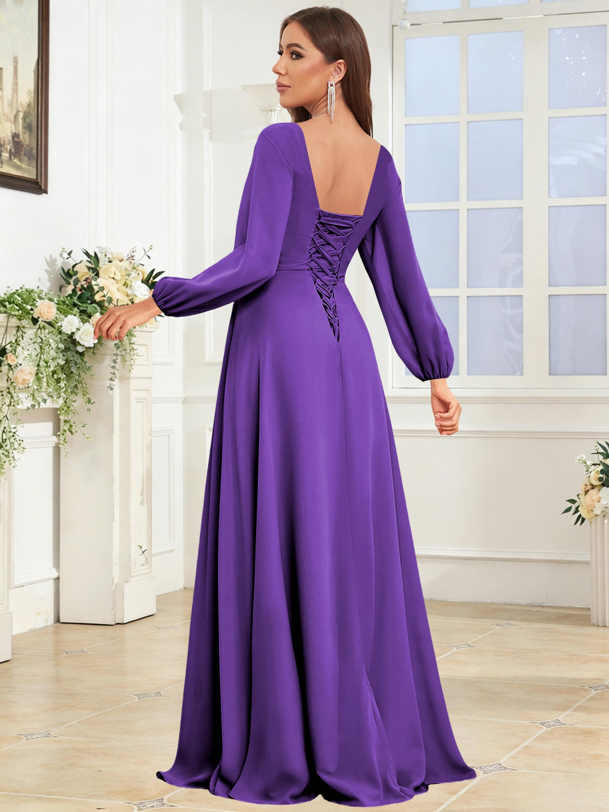 V Neck Chiffon Long Sleeve Bridesmaid Dresses with Slit