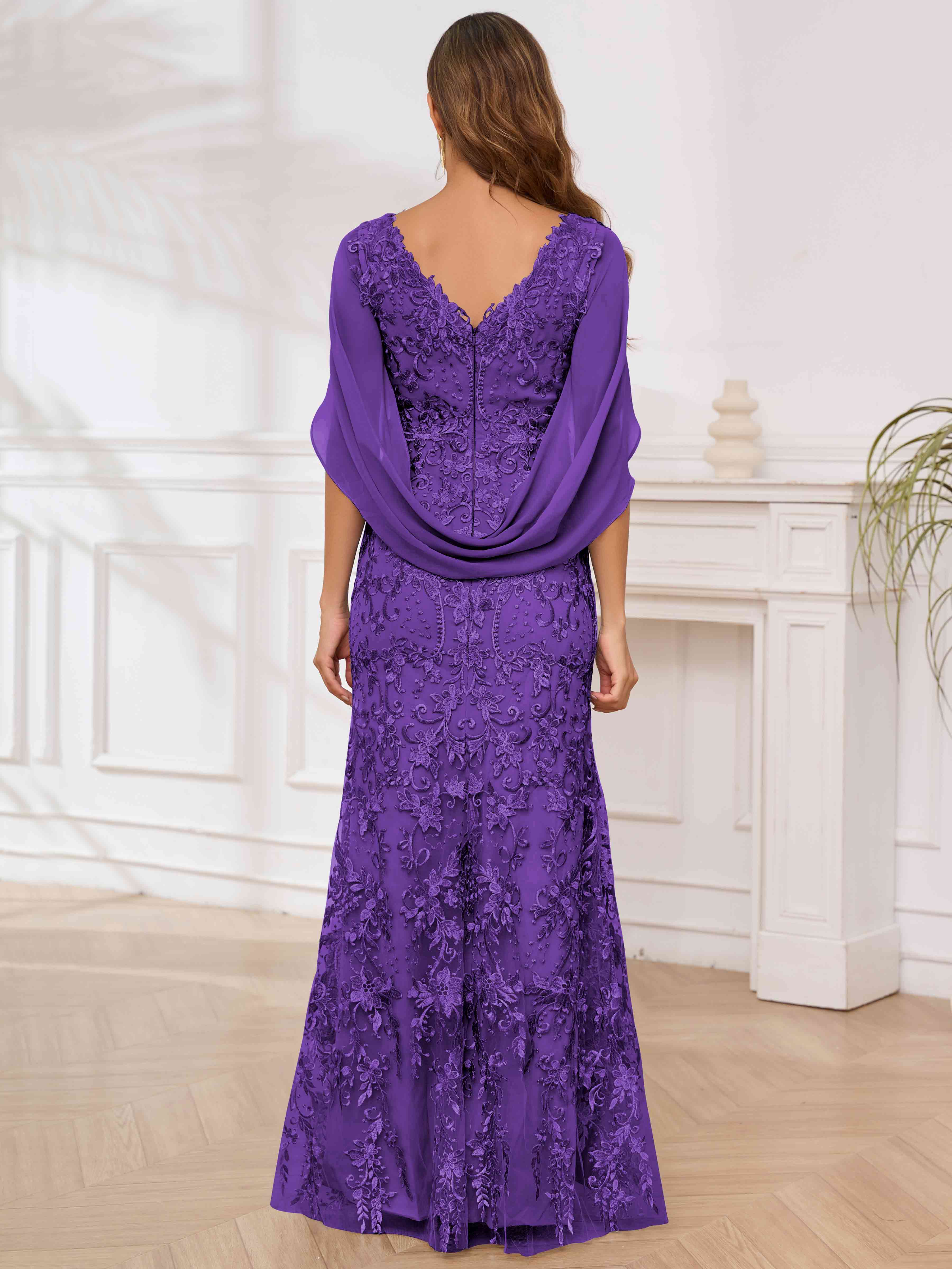 ROVDESY V-Neck Lace Mermaid Mother Of The Bride Dress With Cape Sleeves Long Formal Gown