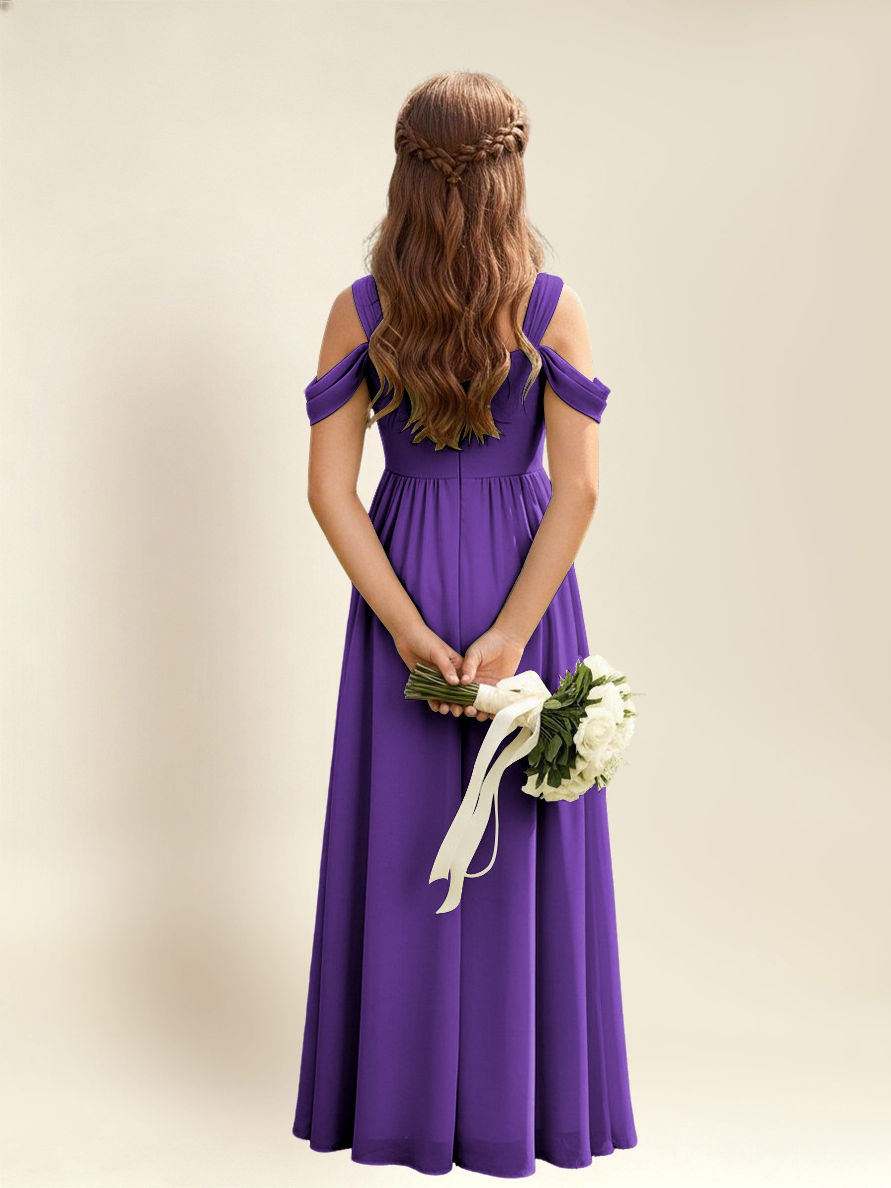 ROVDESY A-Line Off The Shoulder Pleated Chiffon Junior Bridesmaid Dress