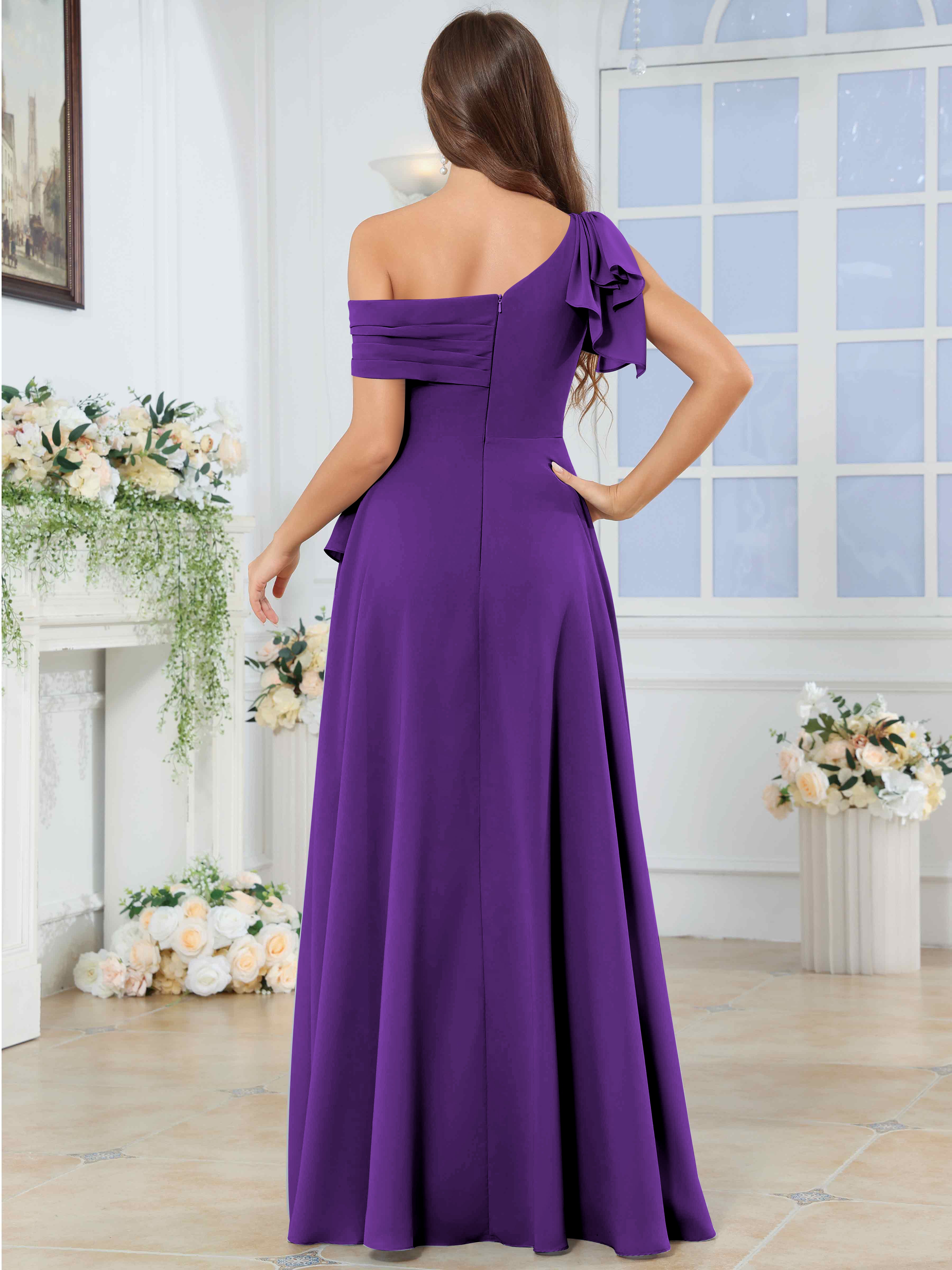 ROVDESY One Shoulder Pleated Ruffle Chiffon Bridesmaid Dress With Slit