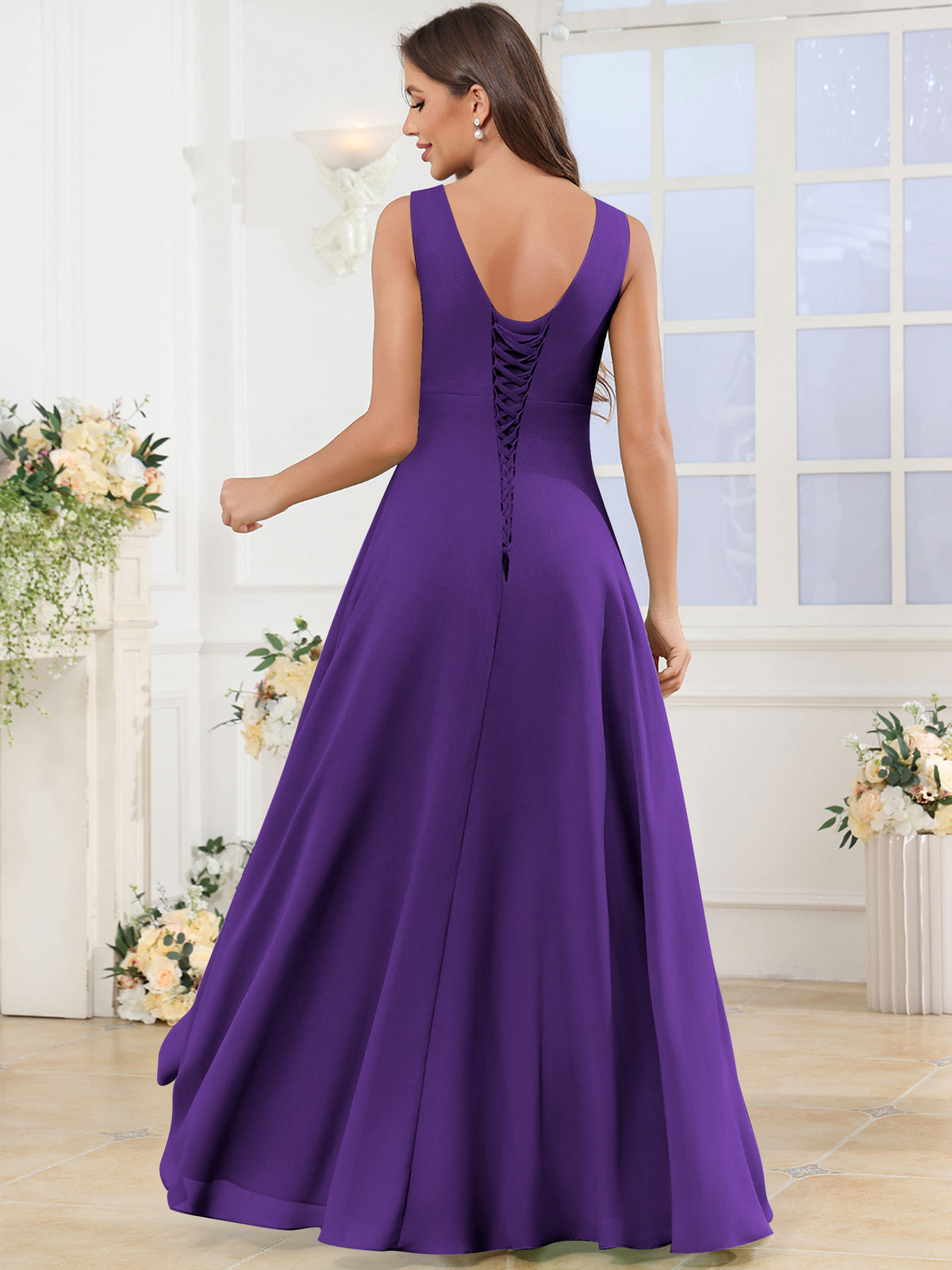 V Neck Chiffon A Line Ruffle Bridesmaid Dress with Slit