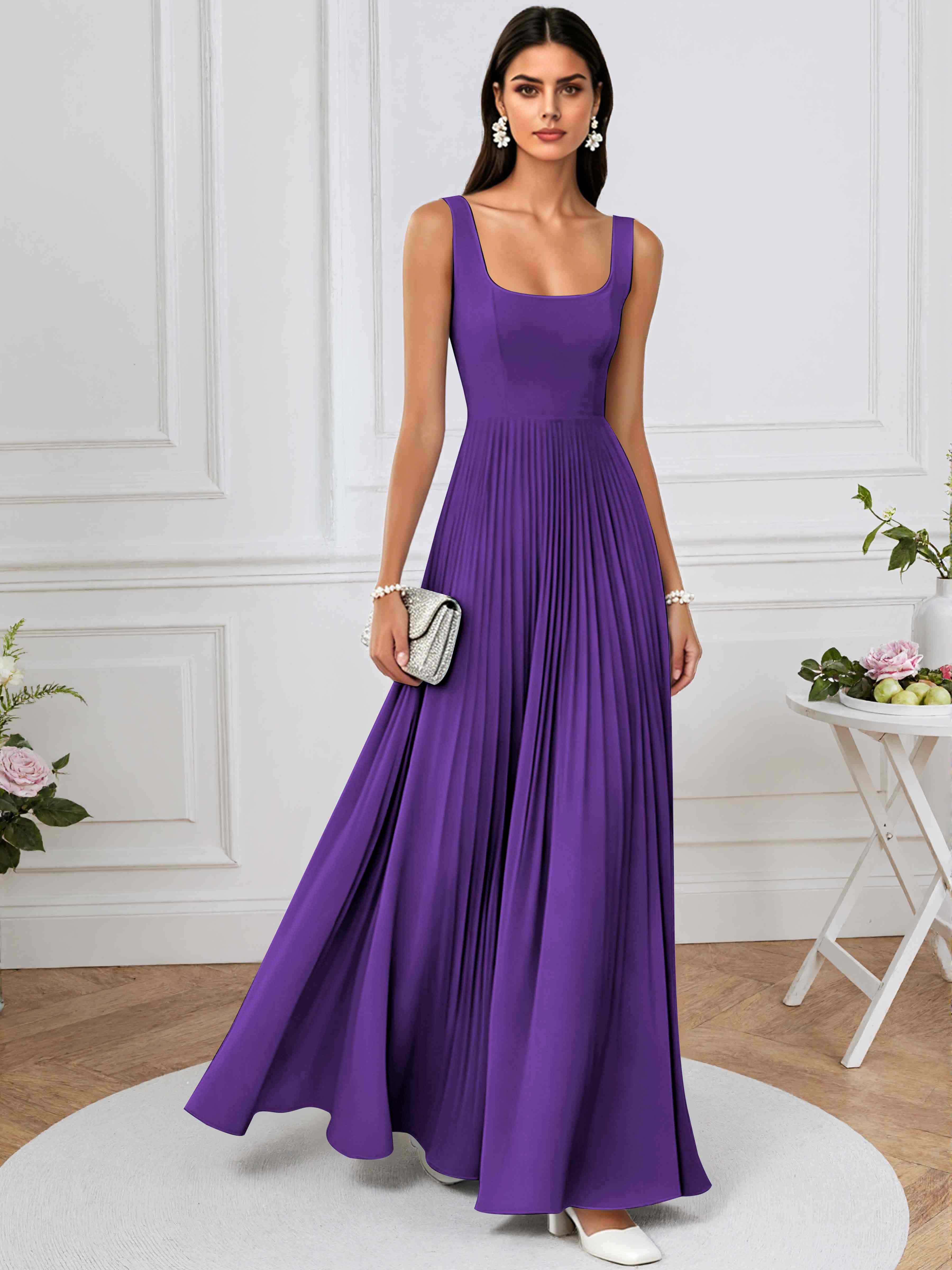 ROVDESY A-Line Square Neck Pleated Chiffon Long Bridesmaid/Prom Dress