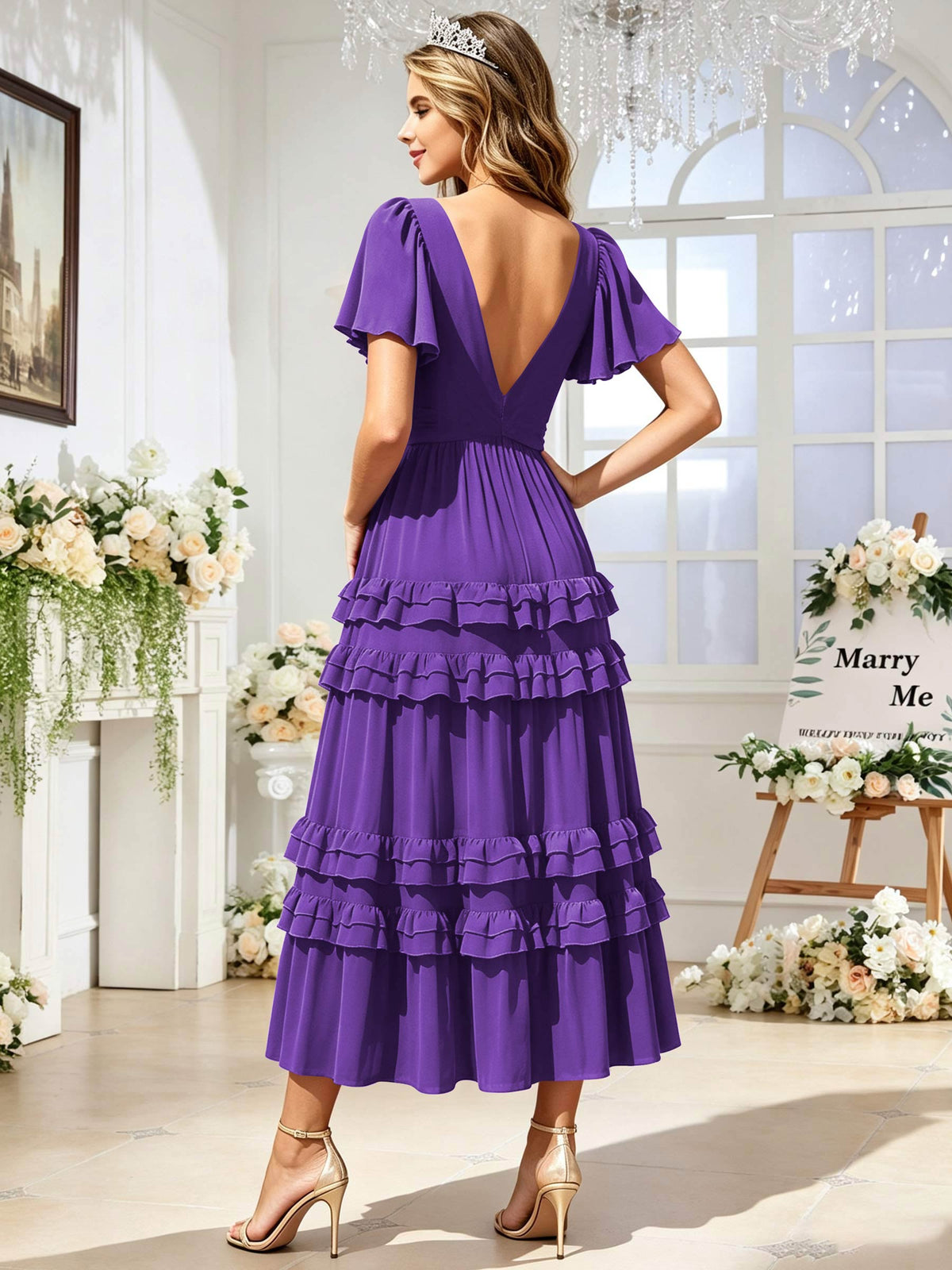 A Line Chiffon Pleated Bridesmaid Dress with Sleeves