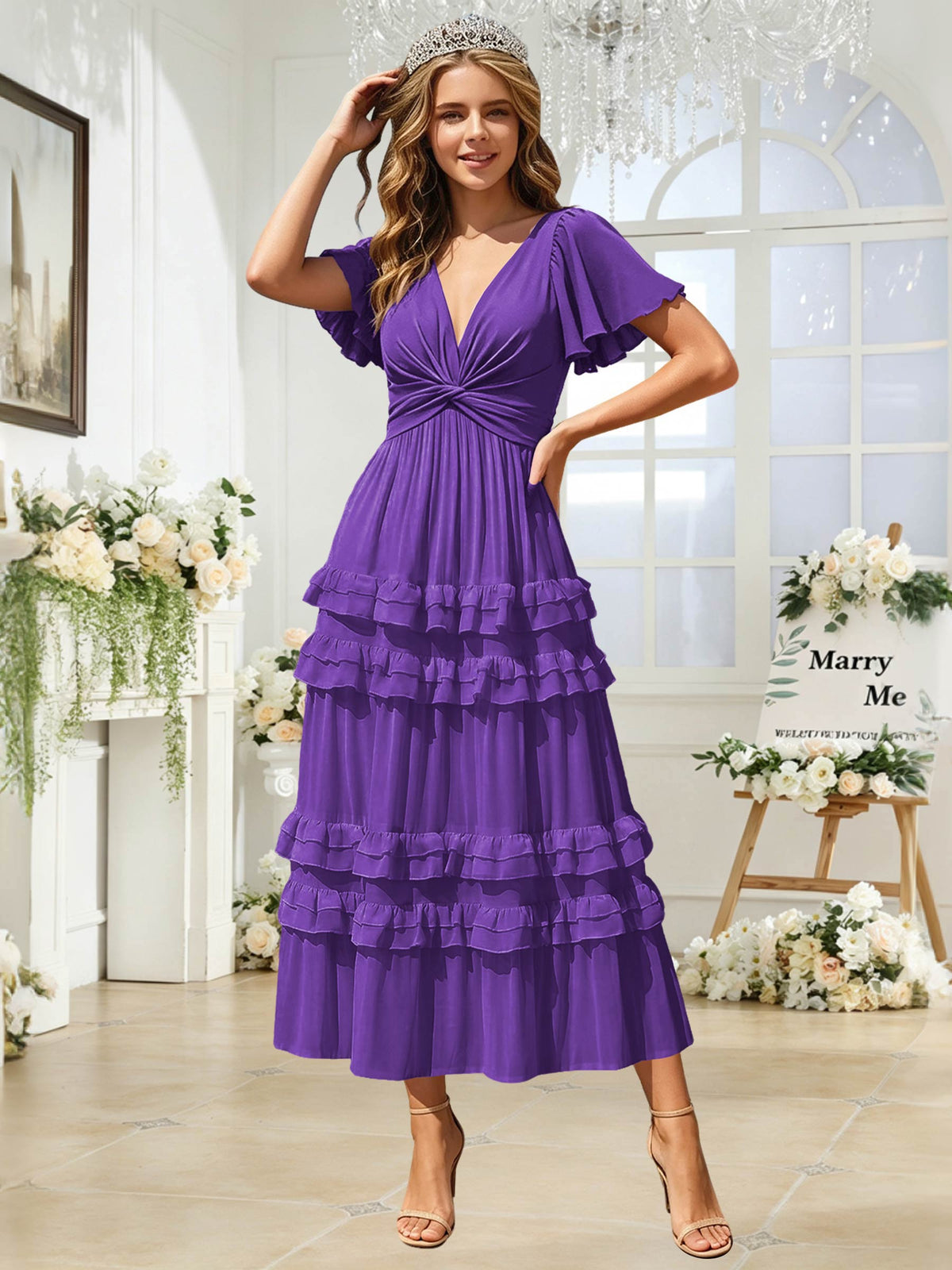 A Line Chiffon Pleated Bridesmaid Dress with Sleeves