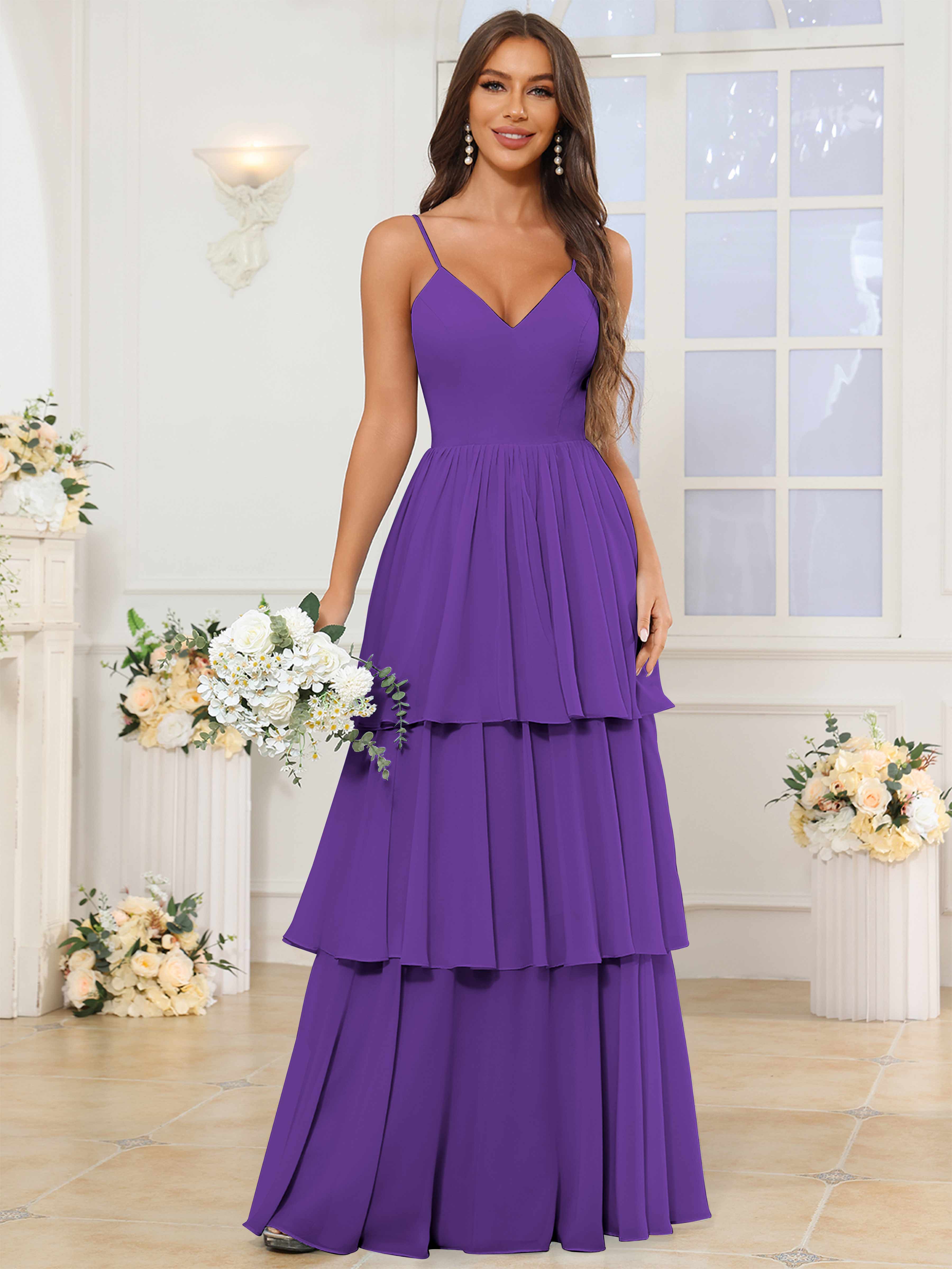 ROVDESY V-Neck Spaghetti Straps Tiered Chiffon Bridesmaid Dress With Ruffles