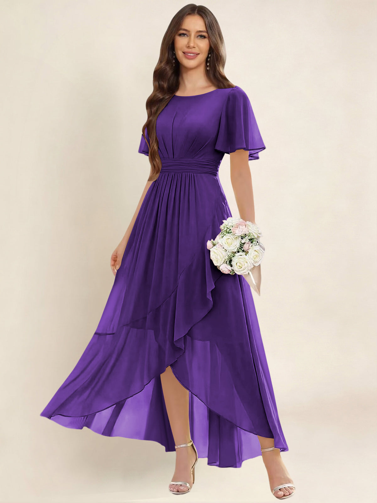 ROVDESY A-Line High Low Round Neck Pleated Ruffle Chiffon Bridesmaid Dress With Short Sleeves
