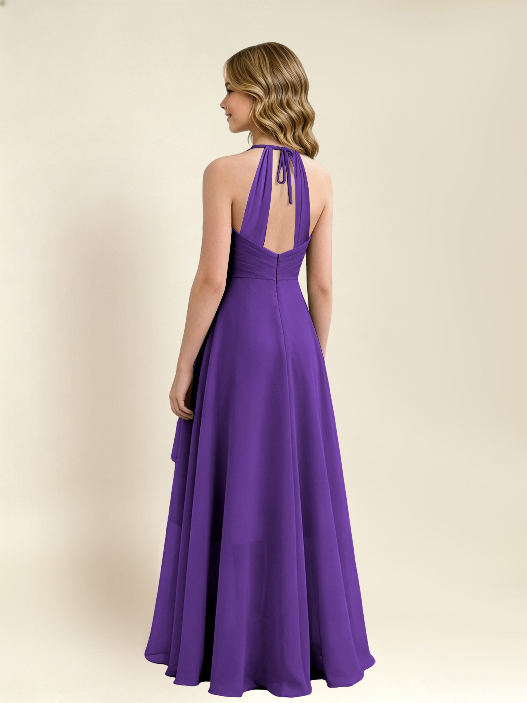 ROVDESY A-Line Halter Pleated Chiffon Junior Bridesmaid Dress