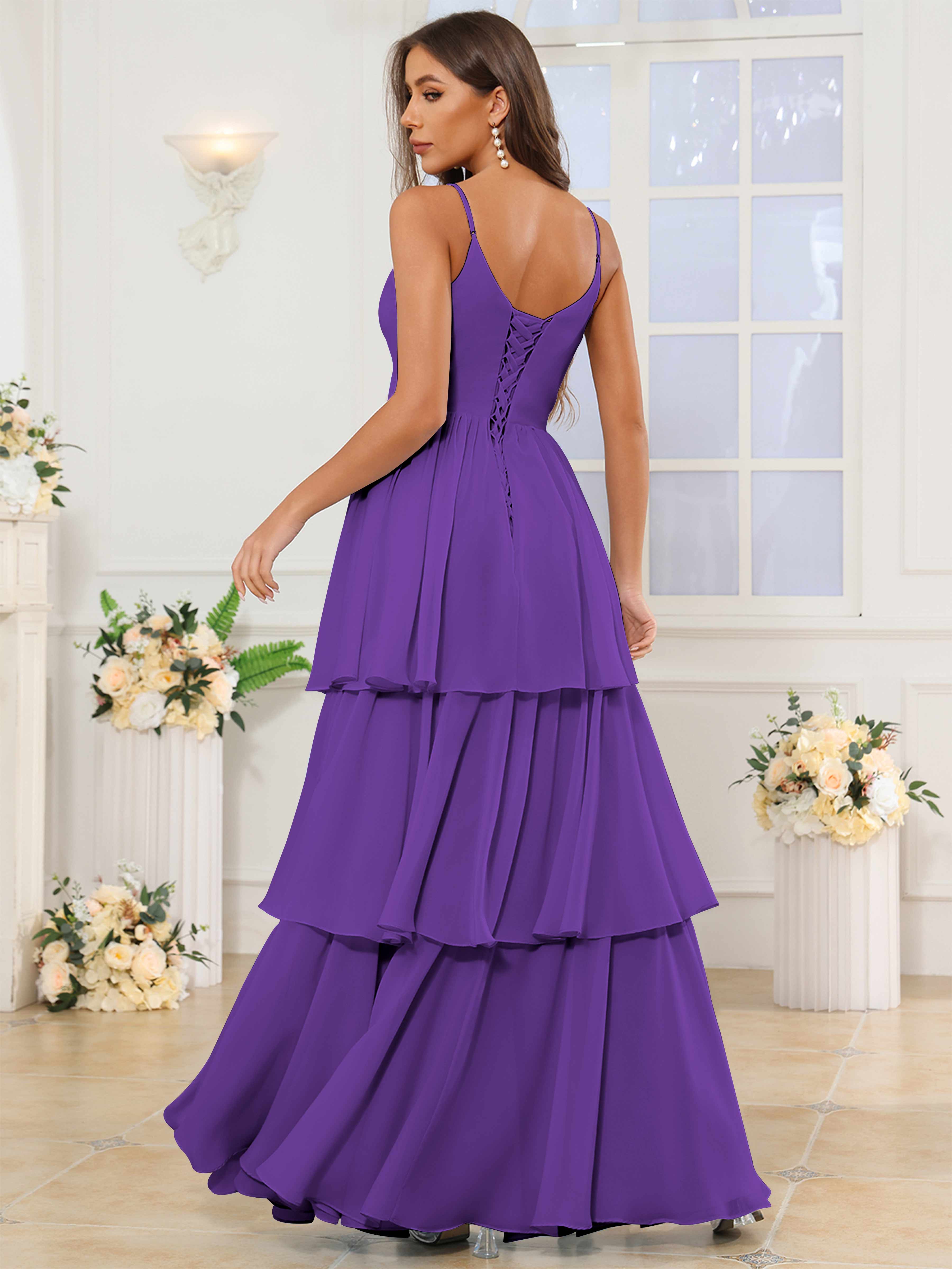 ROVDESY V-Neck Spaghetti Straps Tiered Chiffon Bridesmaid Dress With Ruffles