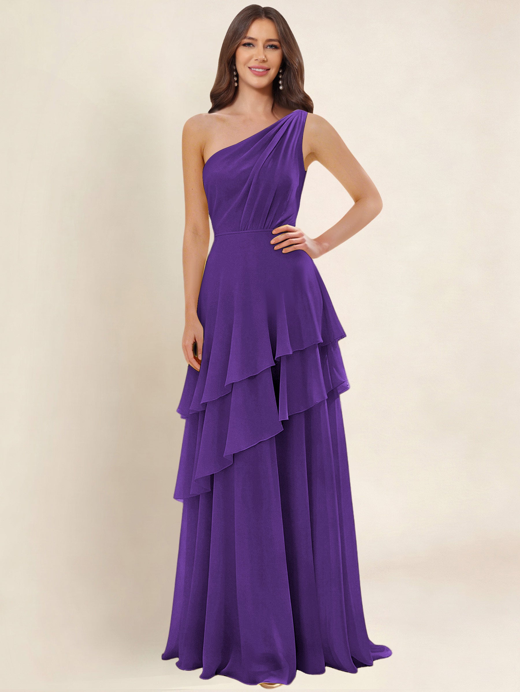 ROVDESY A-Line One Shoulder Pleated Tiered Chiffon Bridesmaid Dress