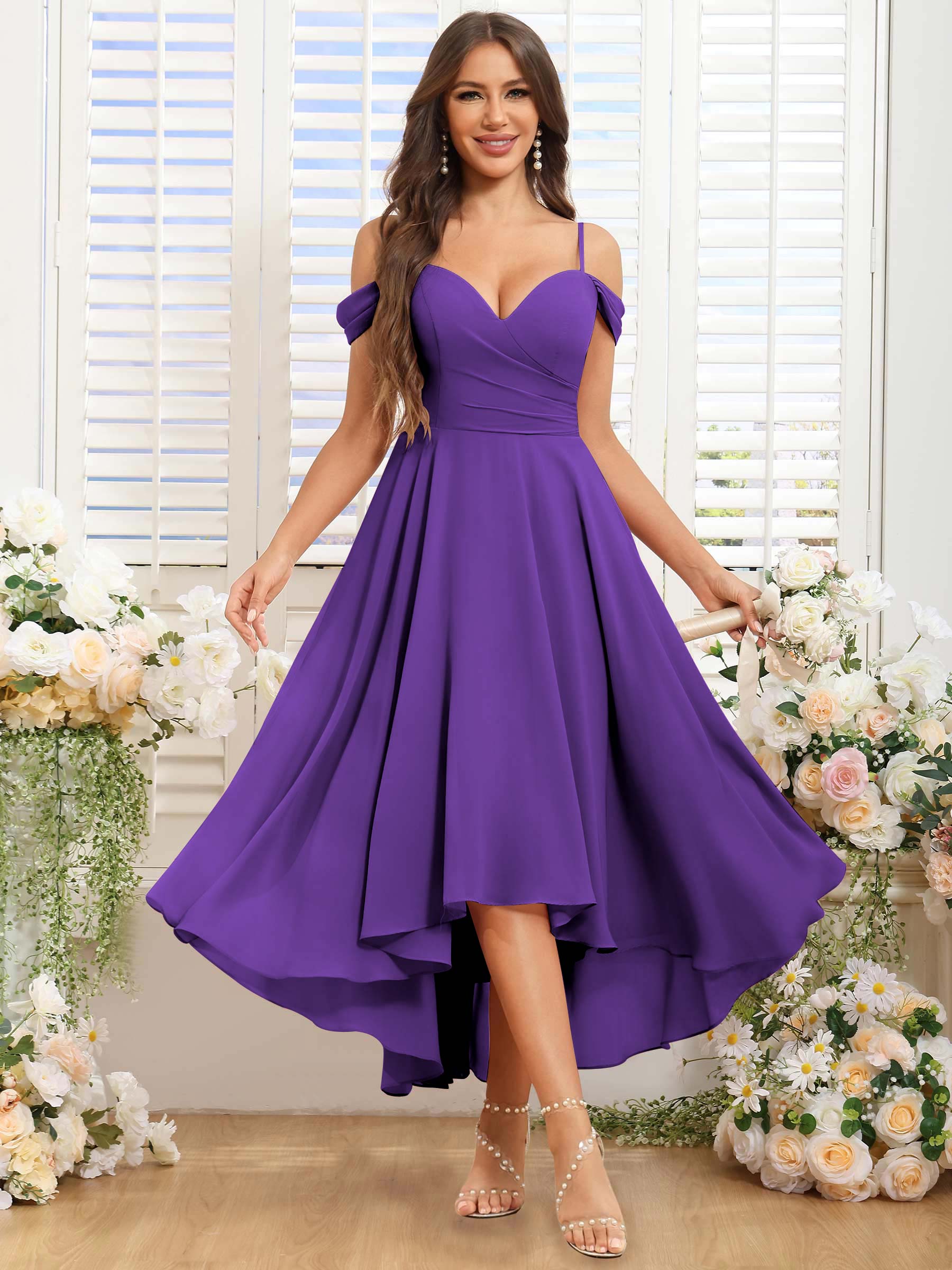ROVDESY ROVDESY Short Cold Shoulder Sweetheart High Low Pleated Chiffon Bridesmaid Dress