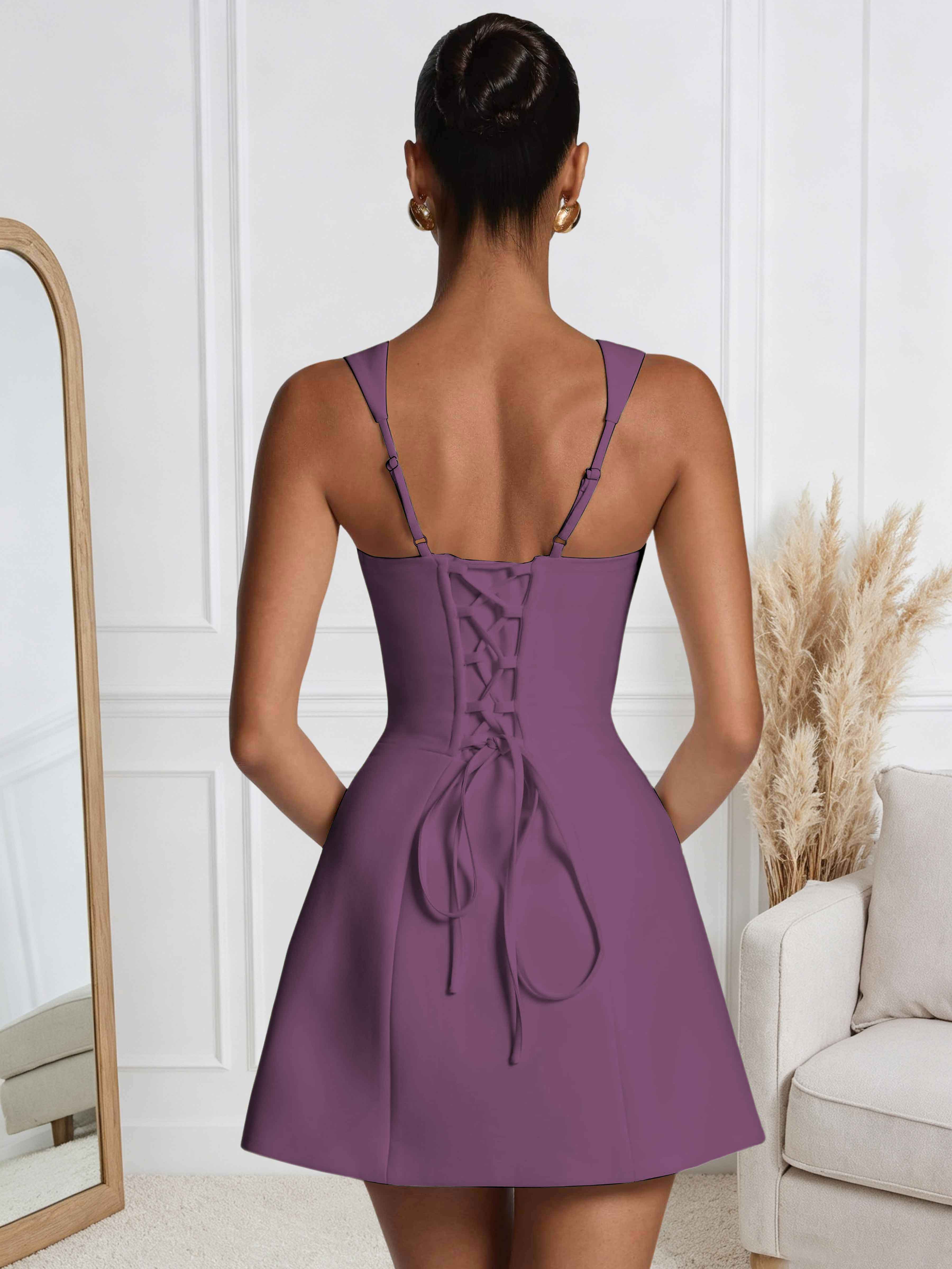 ROVDESY A-Line Square Neck Satin Homecoming Mini Dress