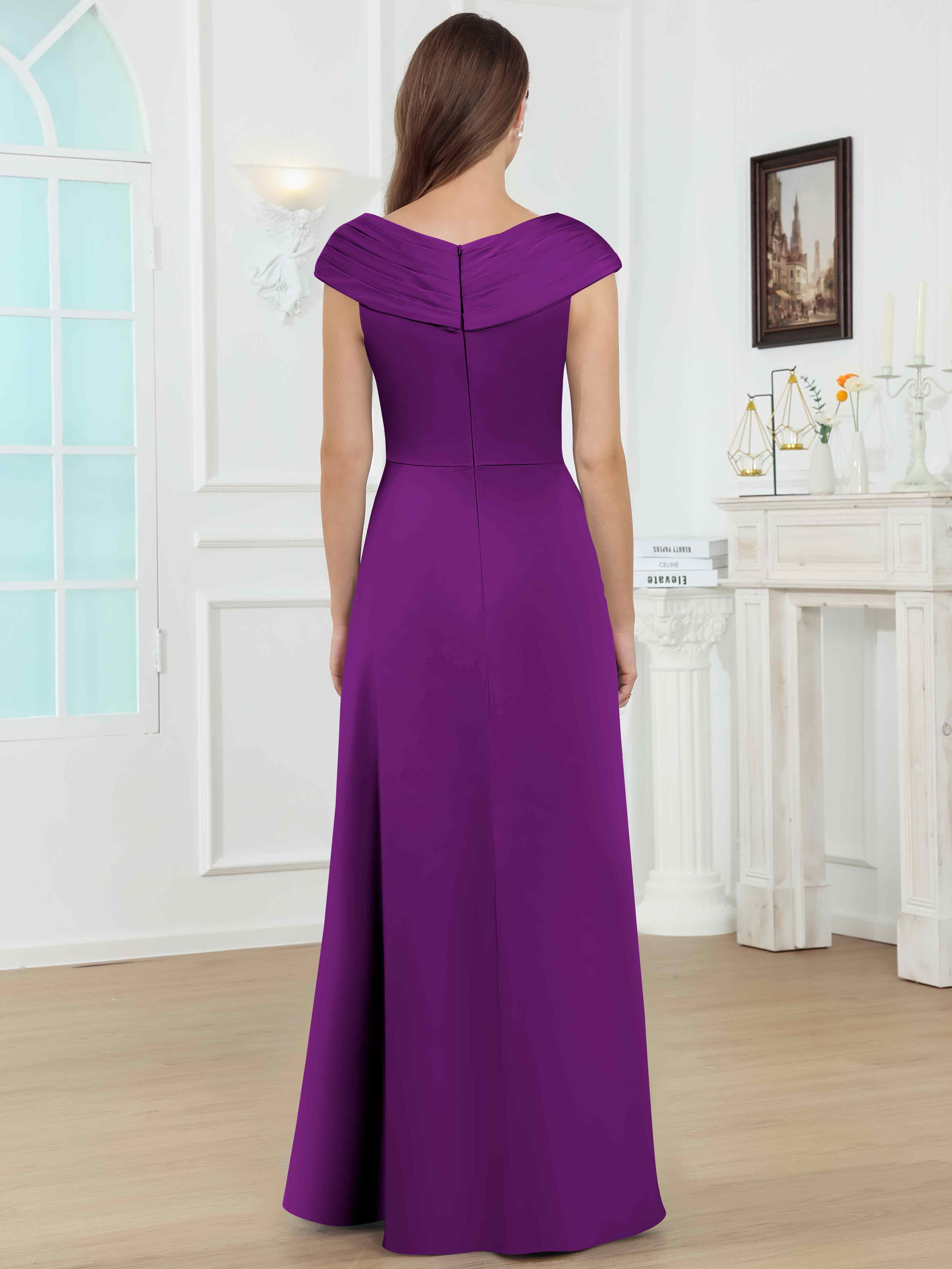 ROVDESY V-Neck Off The Shoulder Pleated Satin Mother Of The Bride Dress With Slit