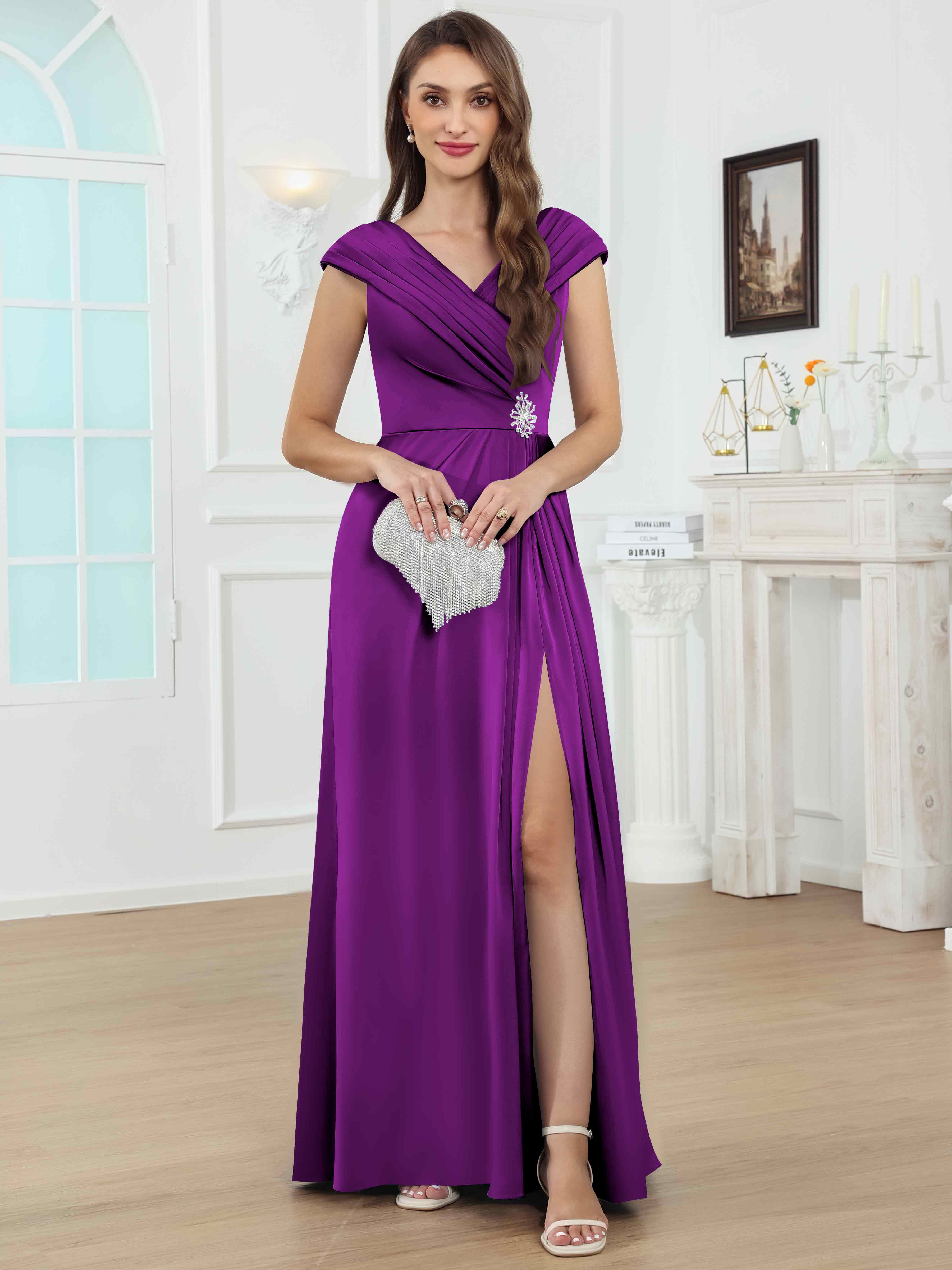 ROVDESY V-Neck Off The Shoulder Pleated Satin Mother Of The Bride Dress With Slit