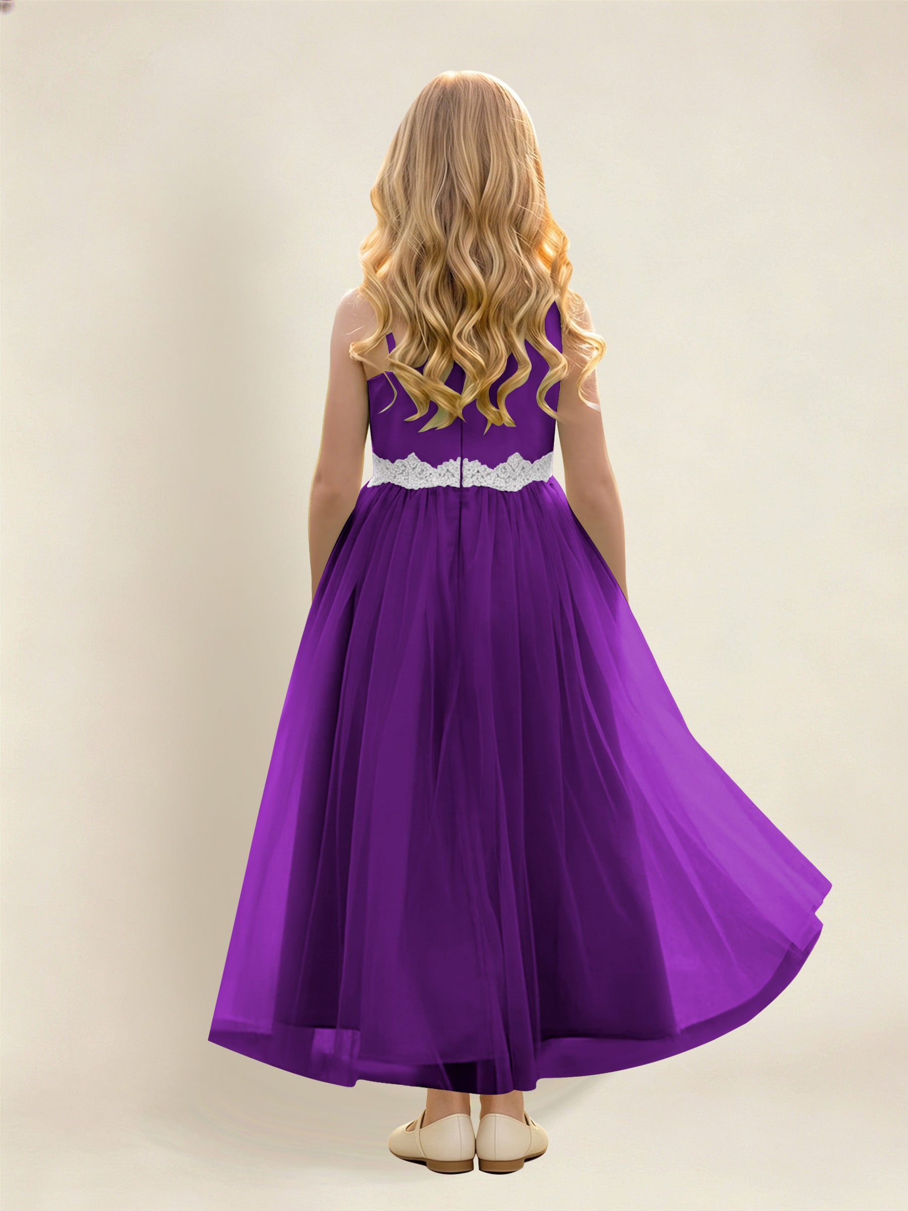 ROVDESY Asymmetric One Shoulder  Satin  Tulle Junior Bridesmaid Dress