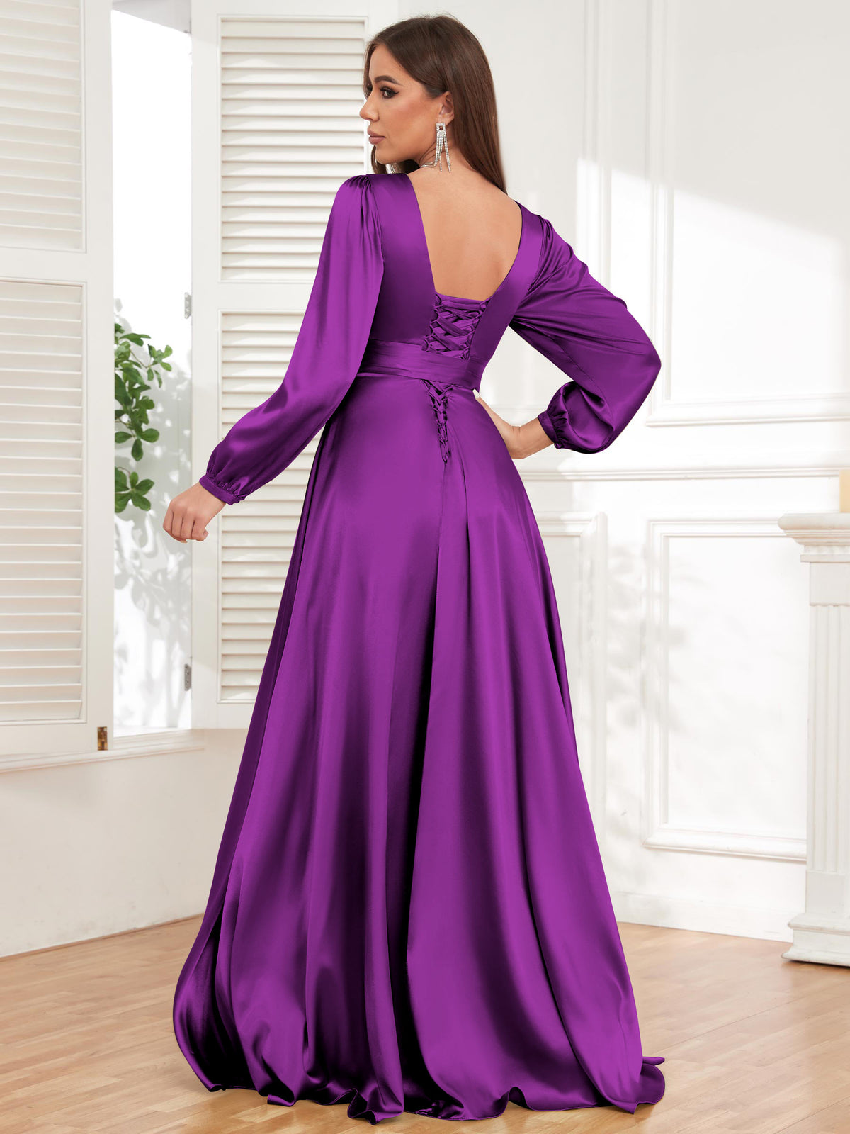 V Neck Satin Long Sleeve Bridesmaid Dress with Slit