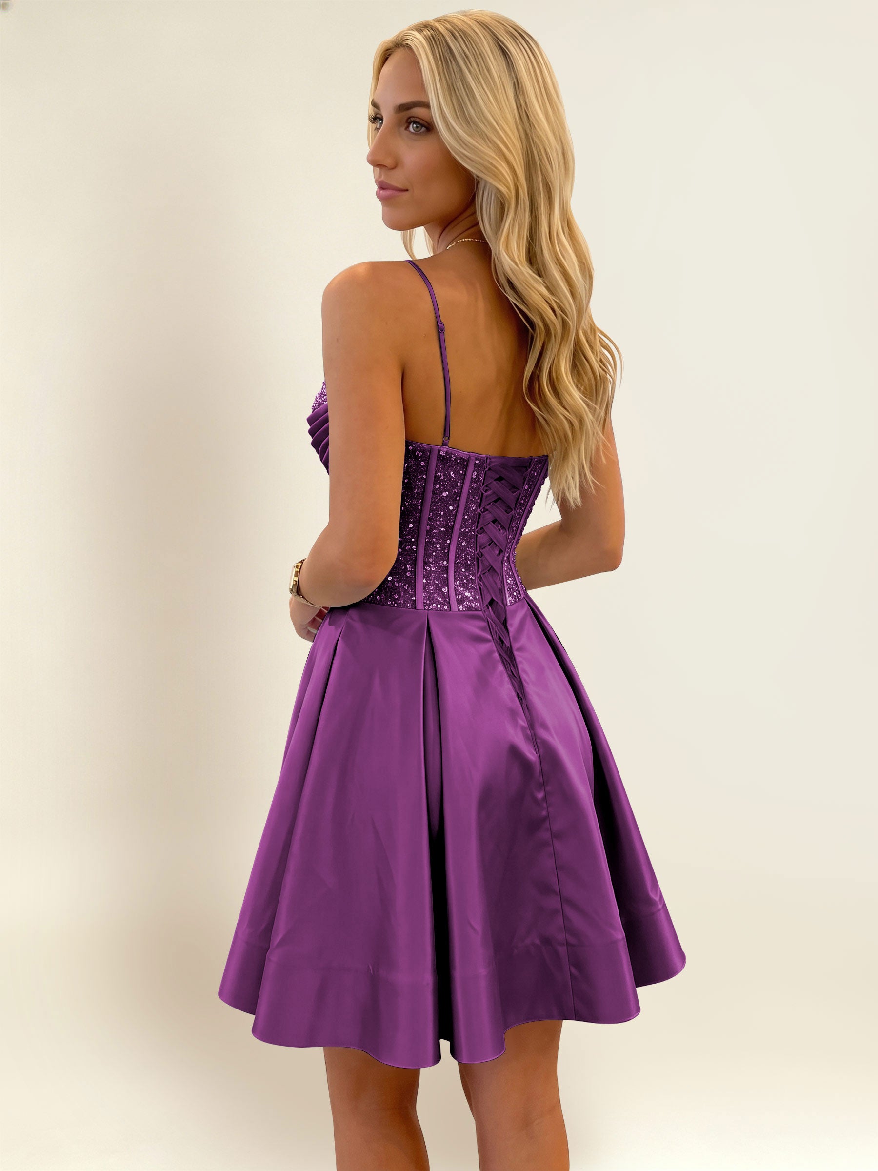 ROVDESY A-Line Spaghetti Strap Sequin Corset Satin Homecoming Mini Dress