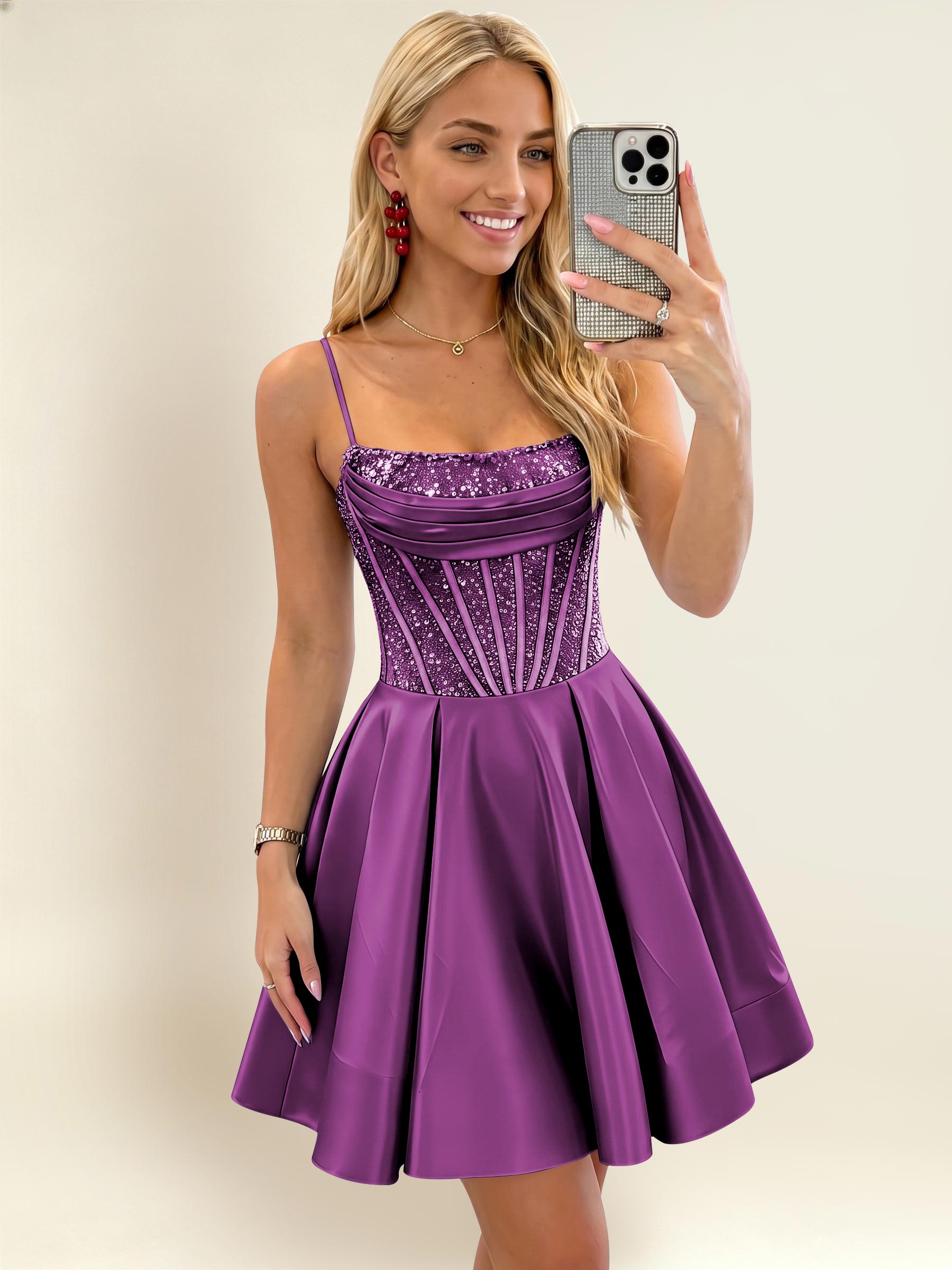 ROVDESY A-Line Spaghetti Strap Sequin Corset Satin Homecoming Mini Dress