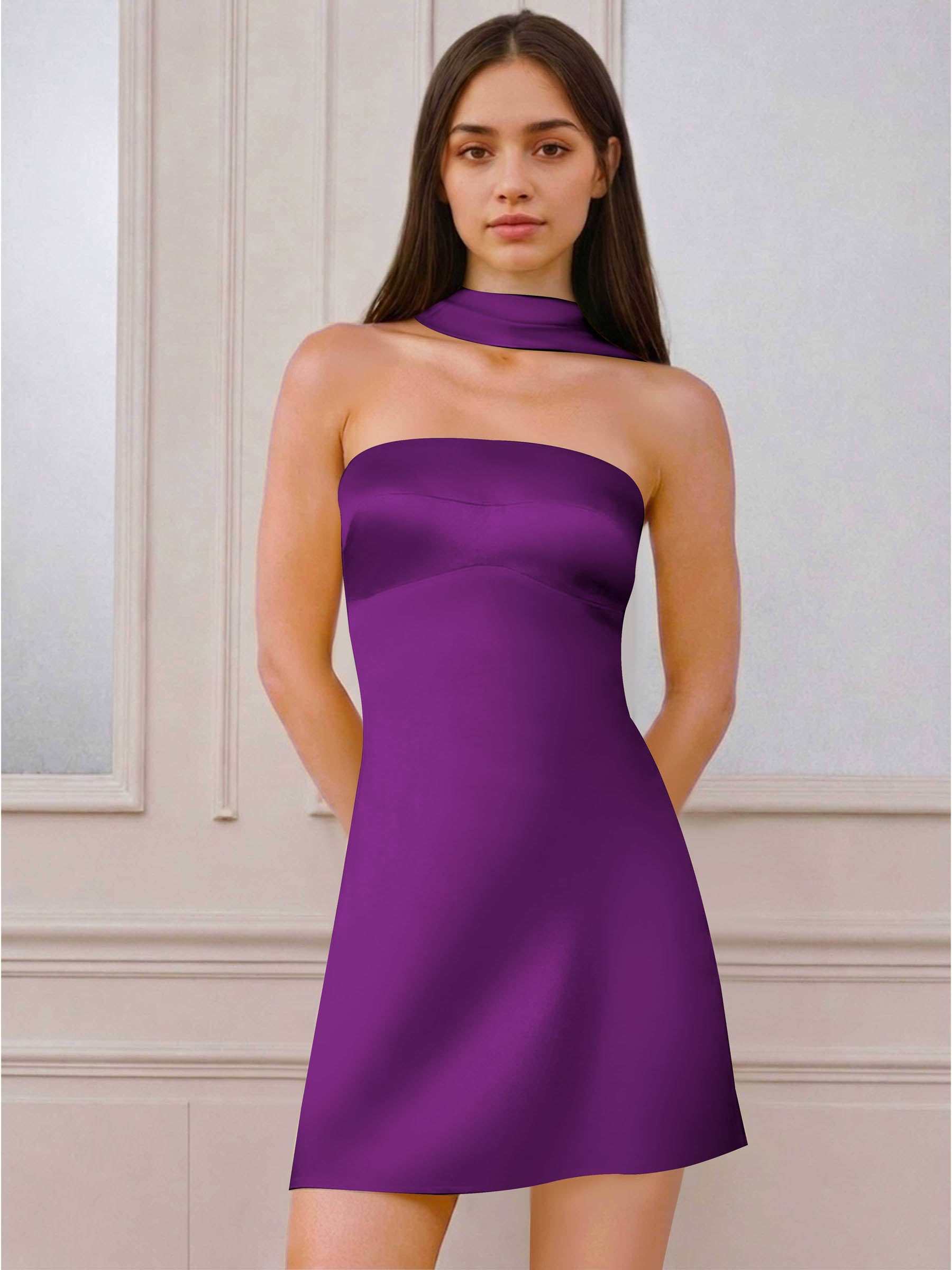 ROVDESY A-Line Halter Neck Satin Homecoming Mini Dress