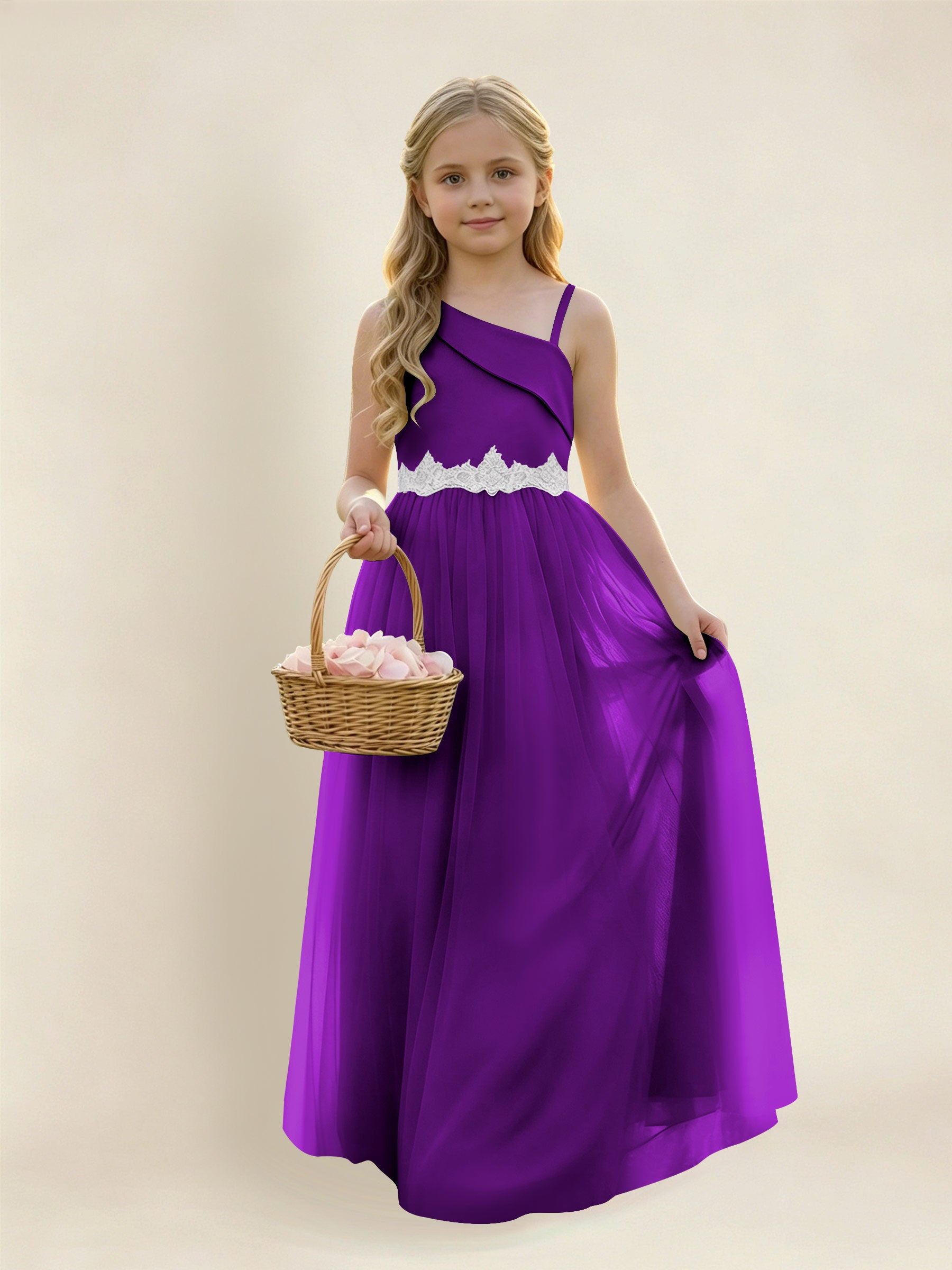 ROVDESY Asymmetric One Shoulder  Satin  Tulle Junior Bridesmaid Dress