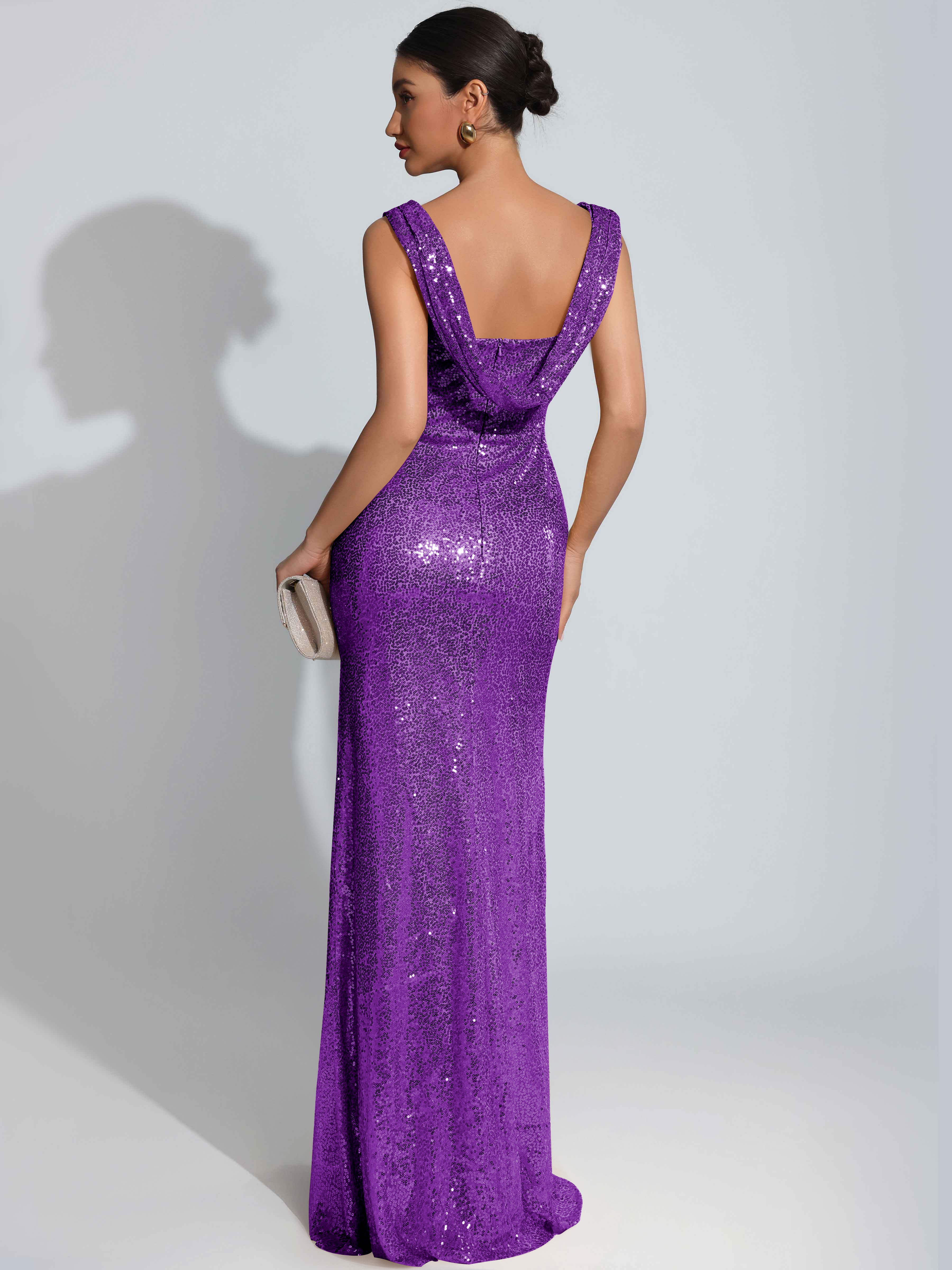ROVDESY Sparkly Bateau Mermaid Ruched Sequin Long Prom Dress with Slit