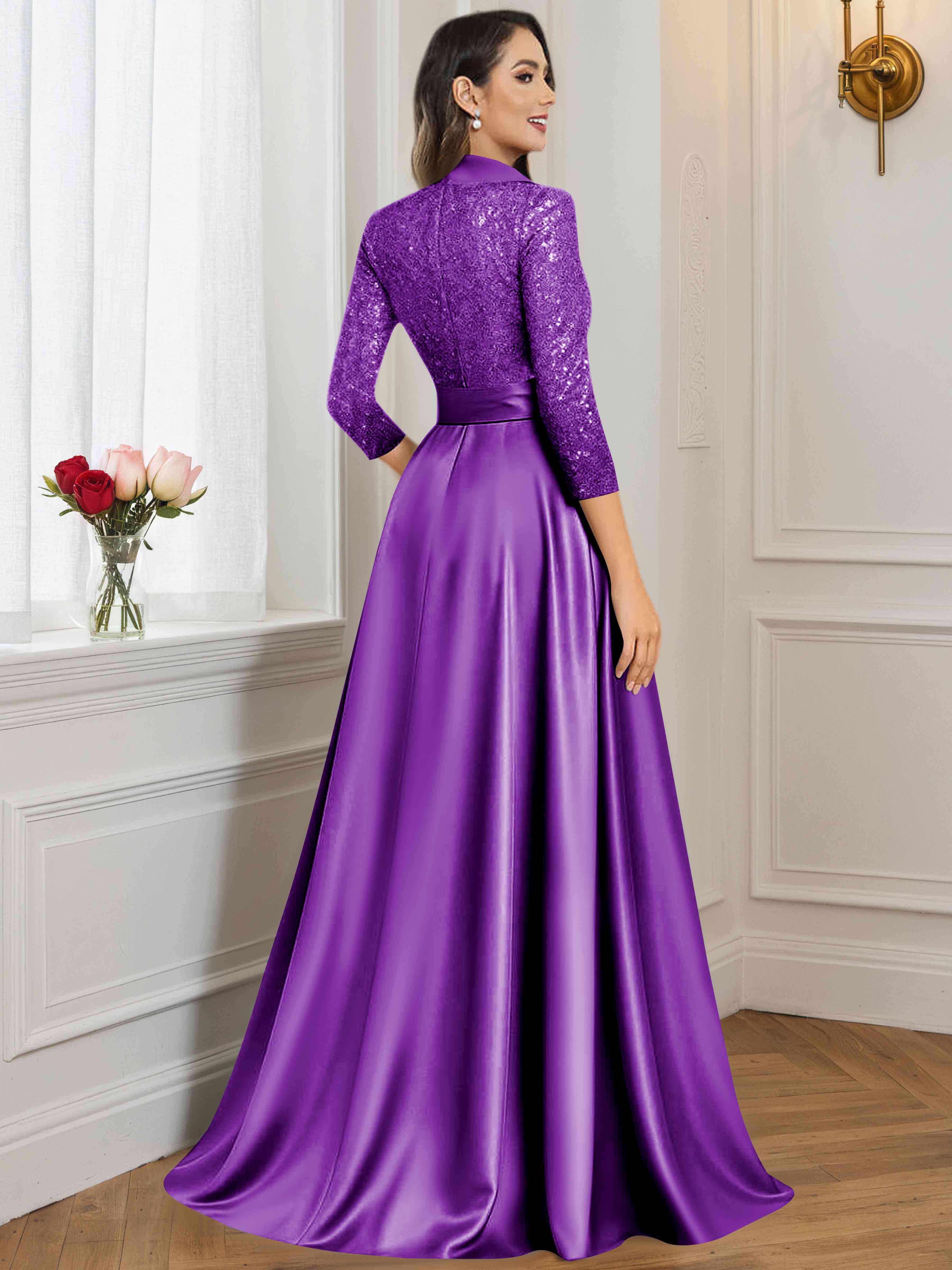 ROVDESY A-Line V Neck Sequin Satin  Long Mother of The Bride Dress Formal Gown With 3/4 Sleeves