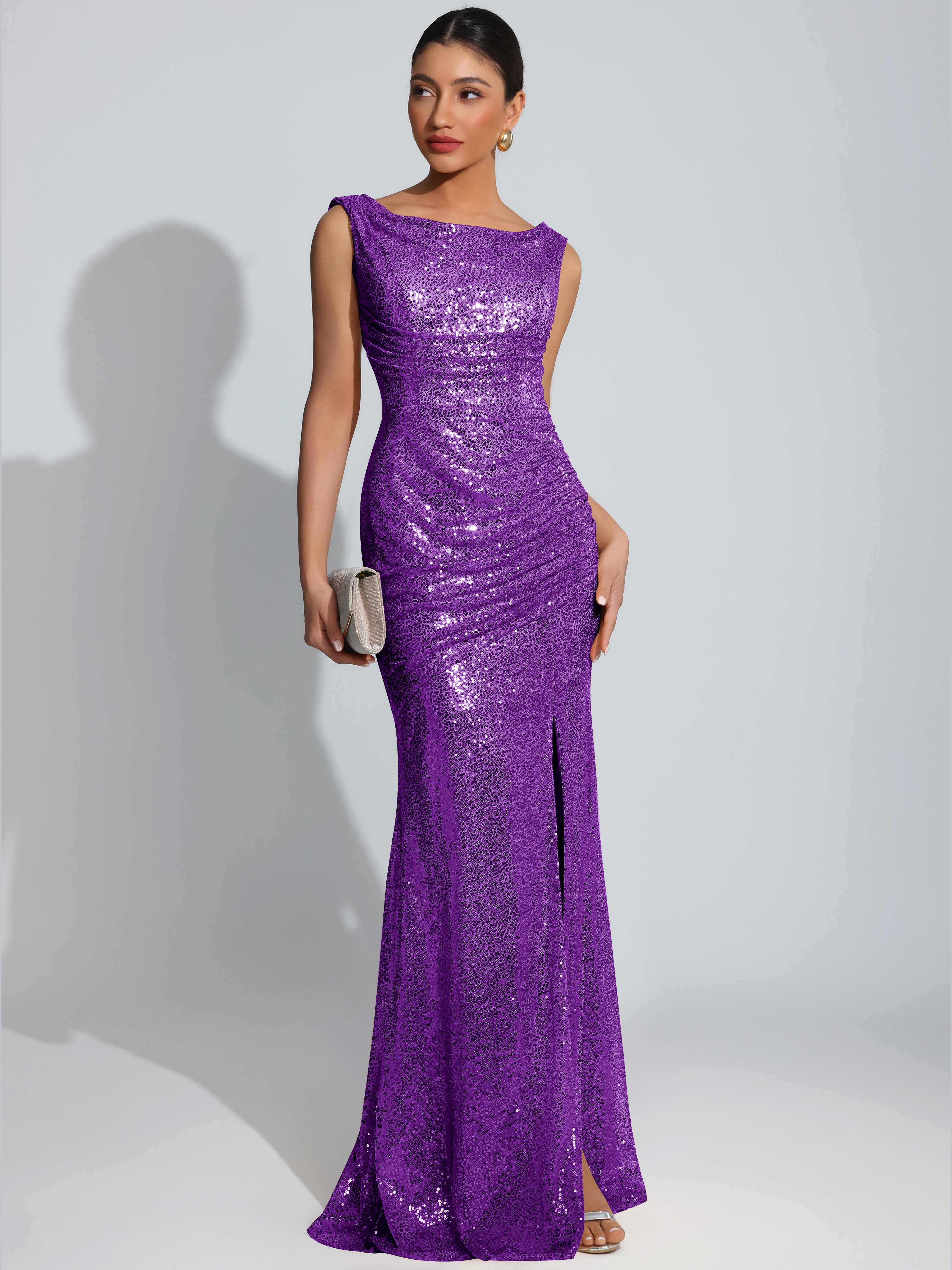 ROVDESY Sparkly Bateau Mermaid Ruched Sequin Long Prom Dress with Slit