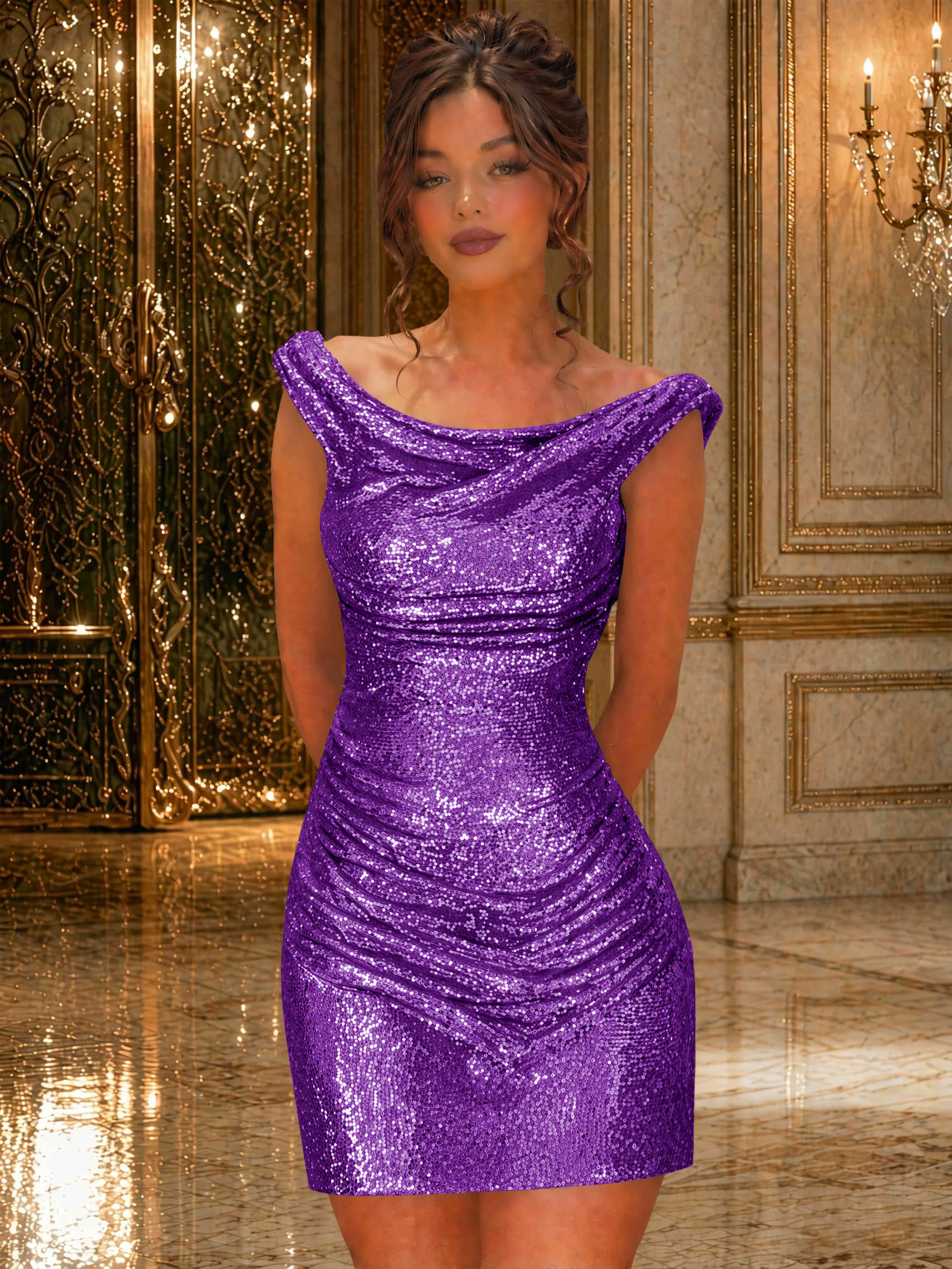 ROVDES Sparkly Off The Shoulder Ruched Sequin Tight Homecoming Mini Dress
