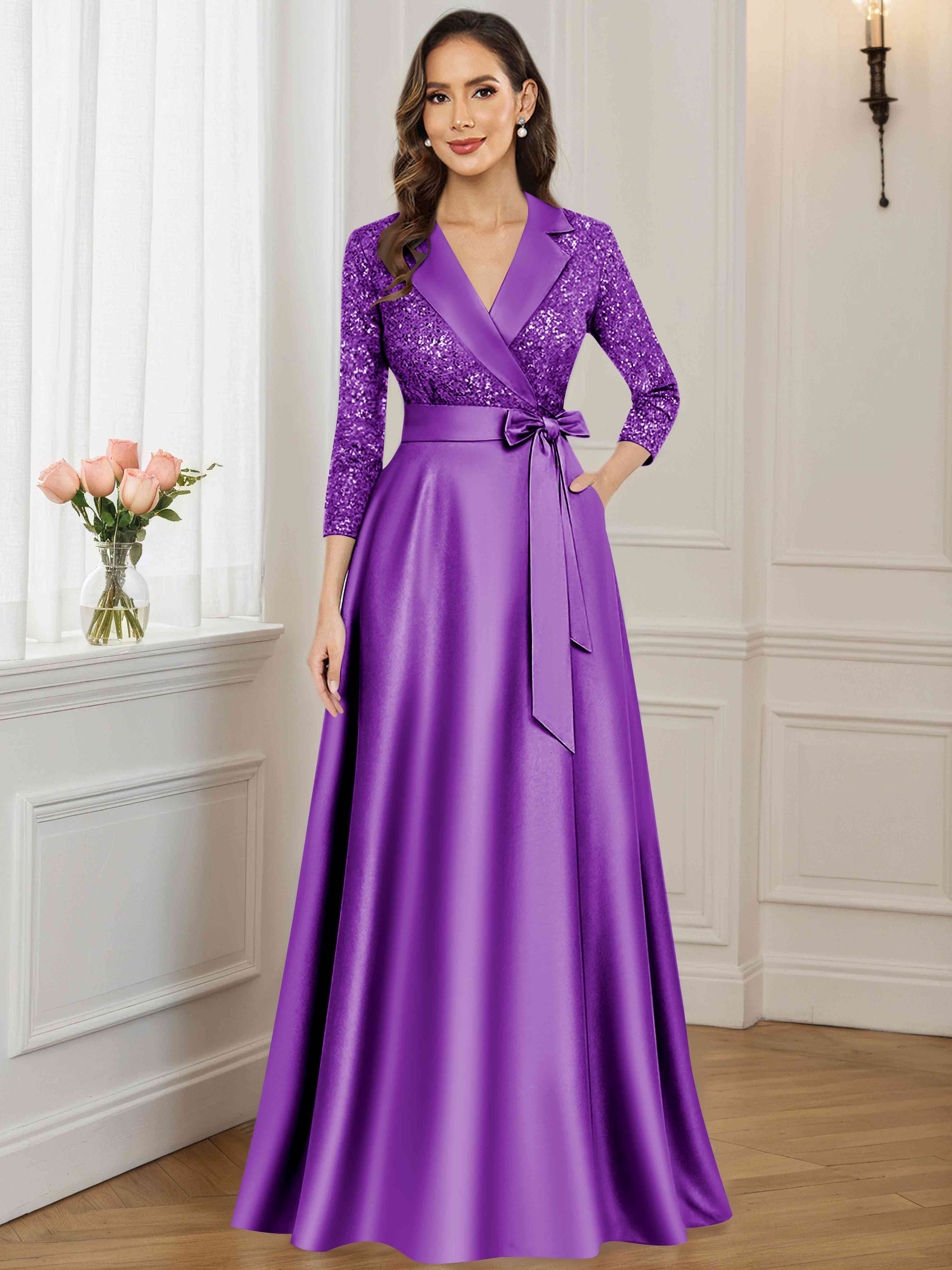ROVDESY A-Line V Neck Sequin Satin  Long Mother of The Bride Dress Formal Gown With 3/4 Sleeves